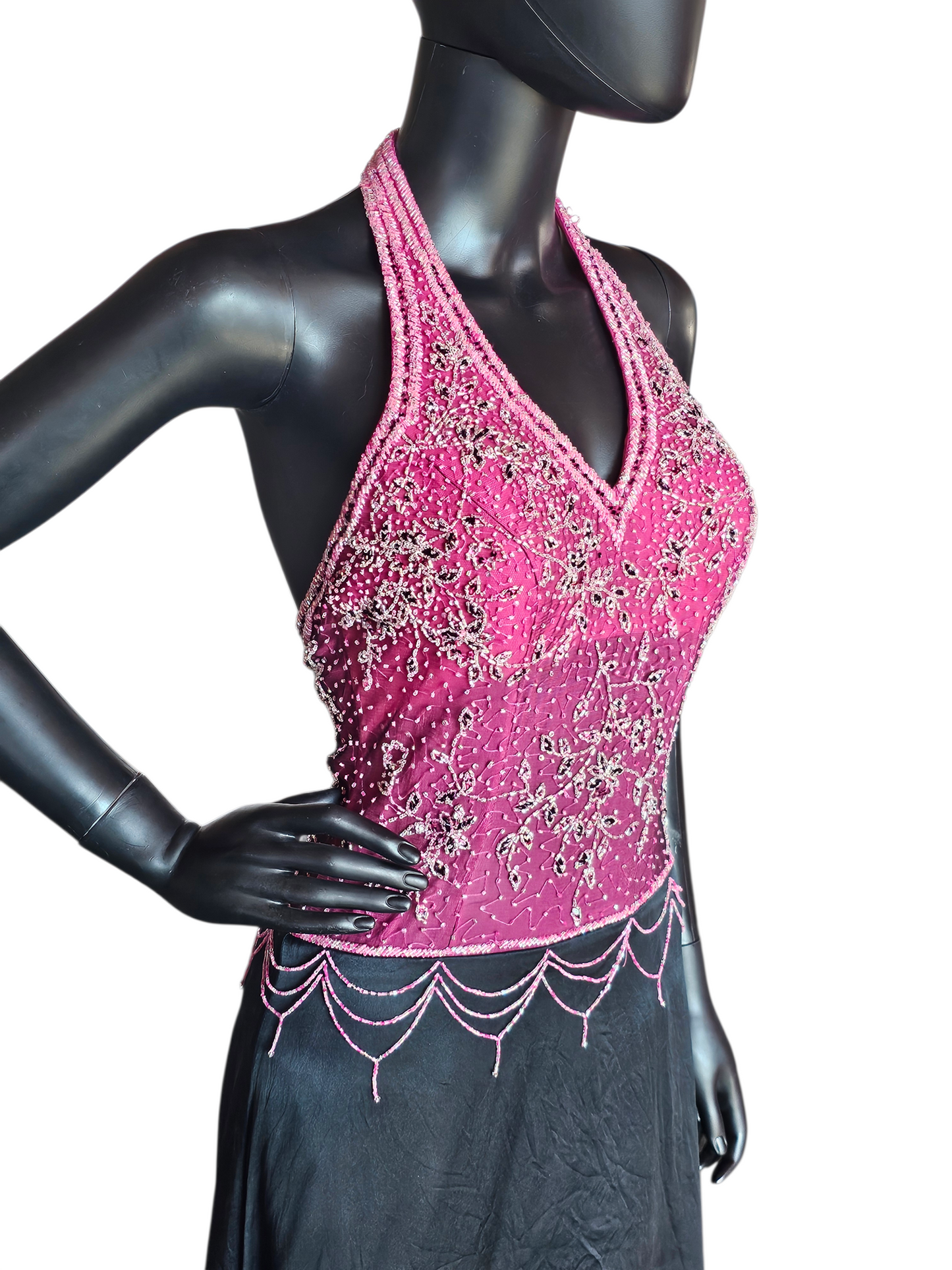 Vintage Y2K 100% Silk Pink/Black Halter High Low Hem Dress - Cassandra Stone