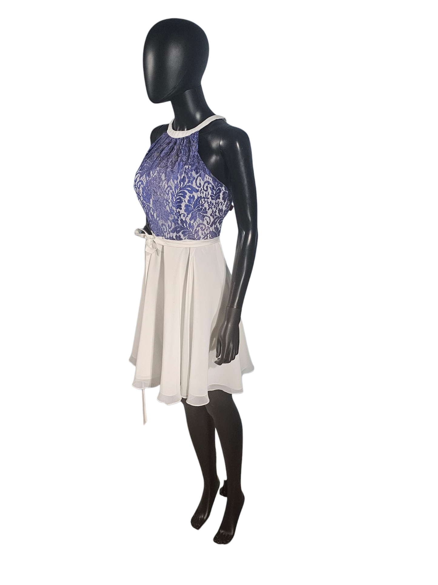 Blue Lace/White Chiffon Halter Mid-Length Dress - Da Vinci