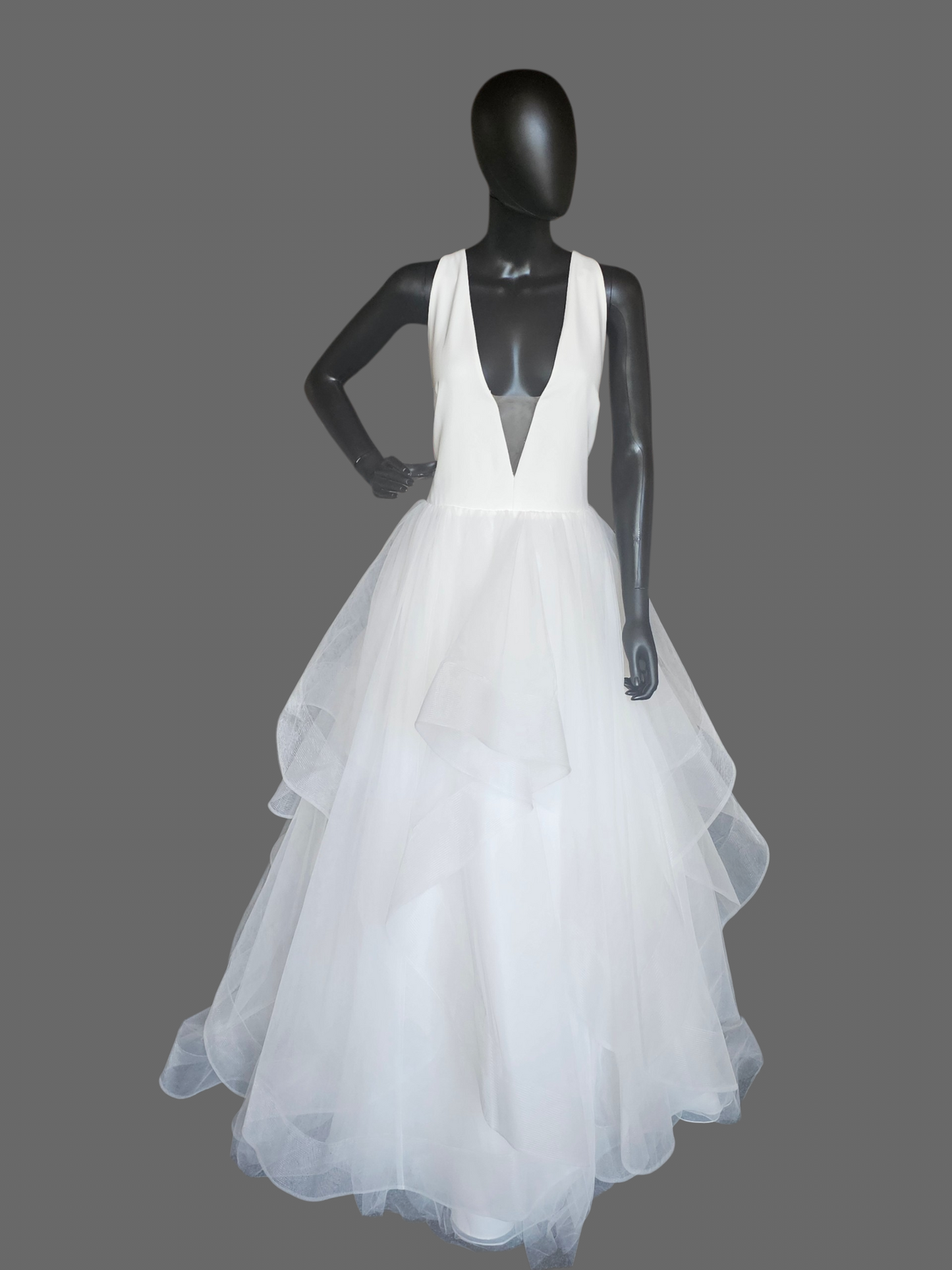 White Minimalist Plunge V-Neck Tiered Ballgown Wedding Dress - Maggie Sottero