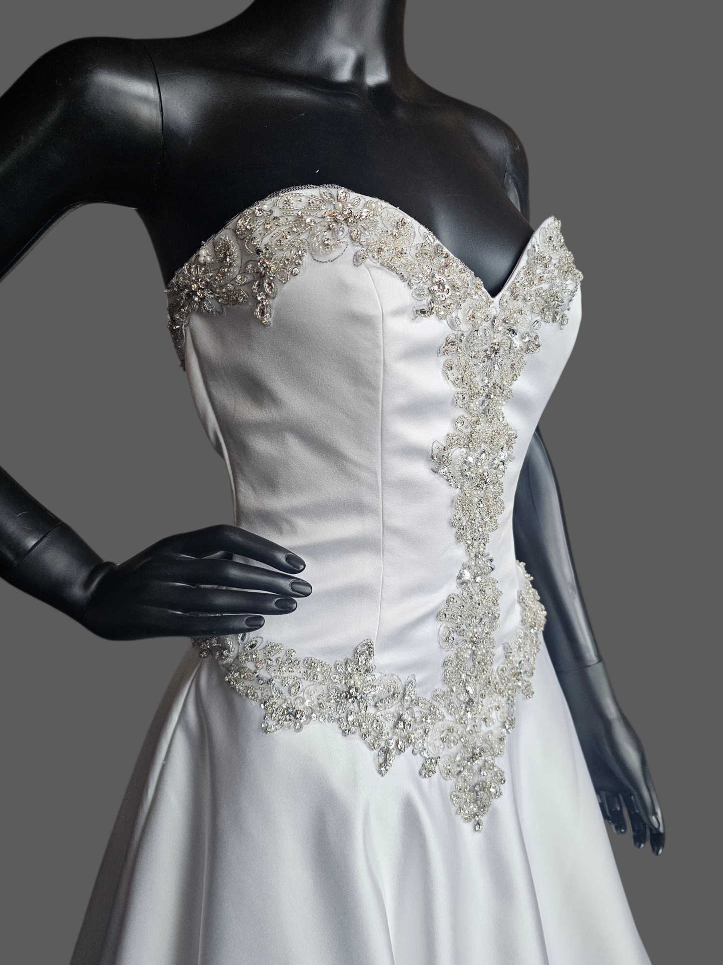 White Satin Basque Waist Strapless Sweetheart Wedding Gown - Mori Lee