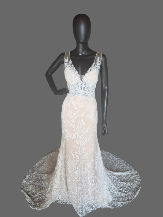 Nude/Ivory Beaded Floral V-Neck Illusion Bodice Fit/Flare Wedding Gown - Justin Alexander