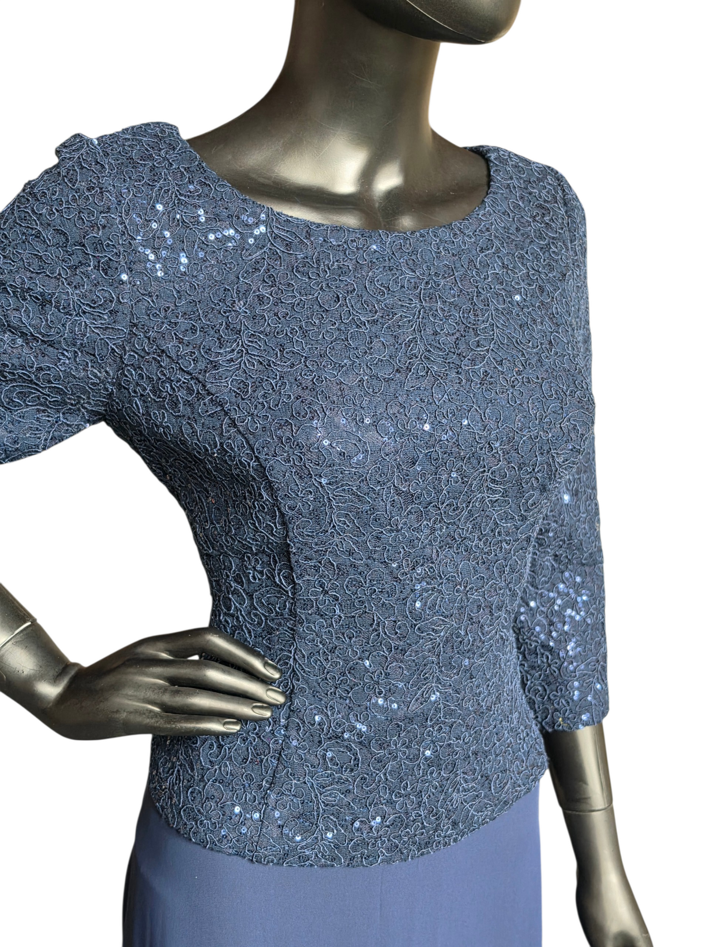 Navy Chiffon Basque Waist Sequin Long Sleeve Scoop Neck Formal/Moms Dress - Alex Evenings