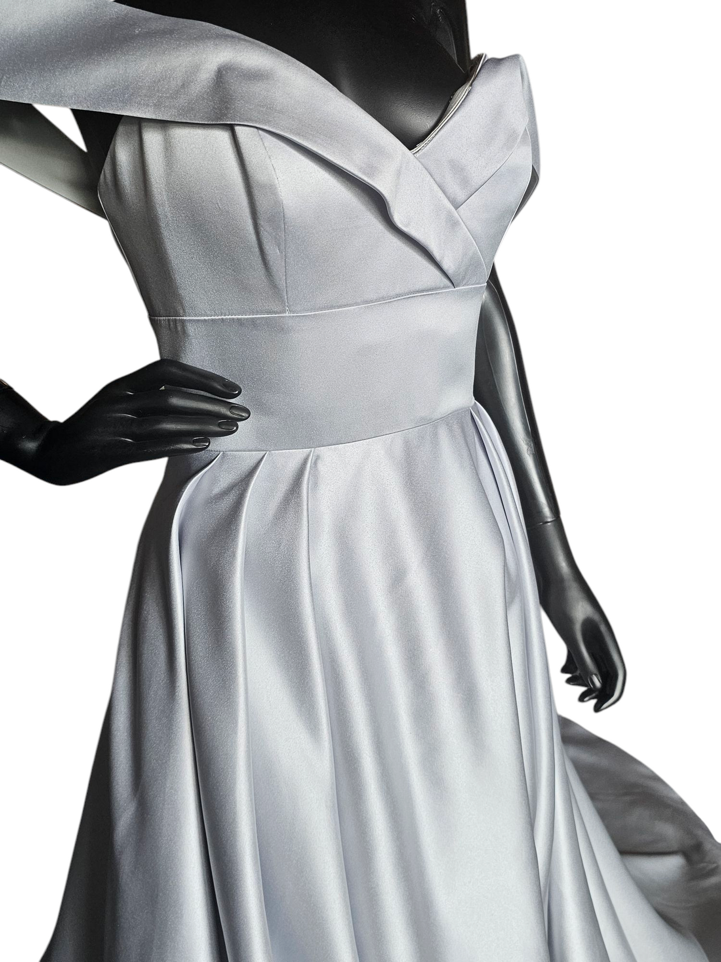 Off Shoulder Misty Blue Satin Wedding Gown - Morilee Madeline Gardner