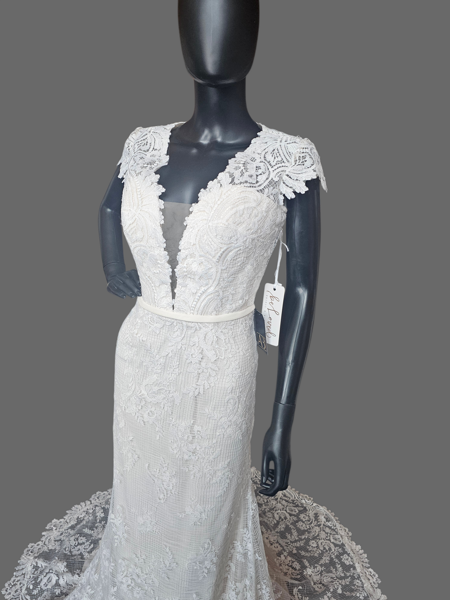 Ivory Open Weave Lace Cap Sleeve Open Open Back Wedding Gown - Beloved