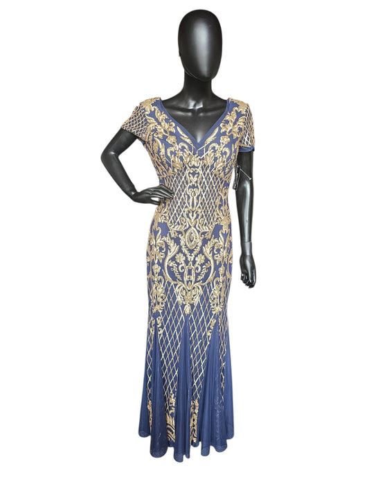 Navy Blue/Gold Sequin V-Neck Short Sleeve- R & M Richards