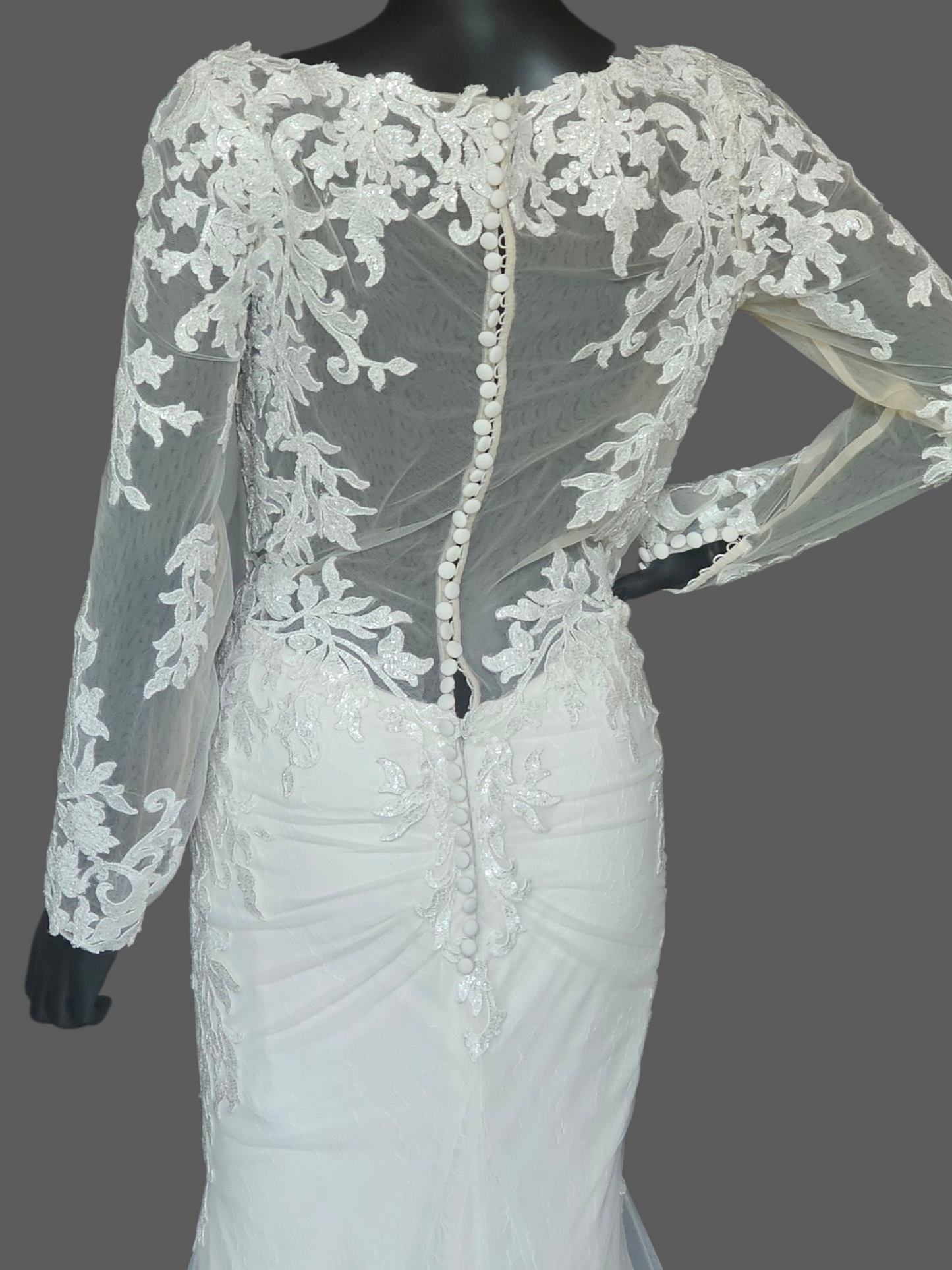 Ivory Lace Overlay Long Sleeve Plunge Fit/Flare Scallop Train Wedding Gown - Mori Lee