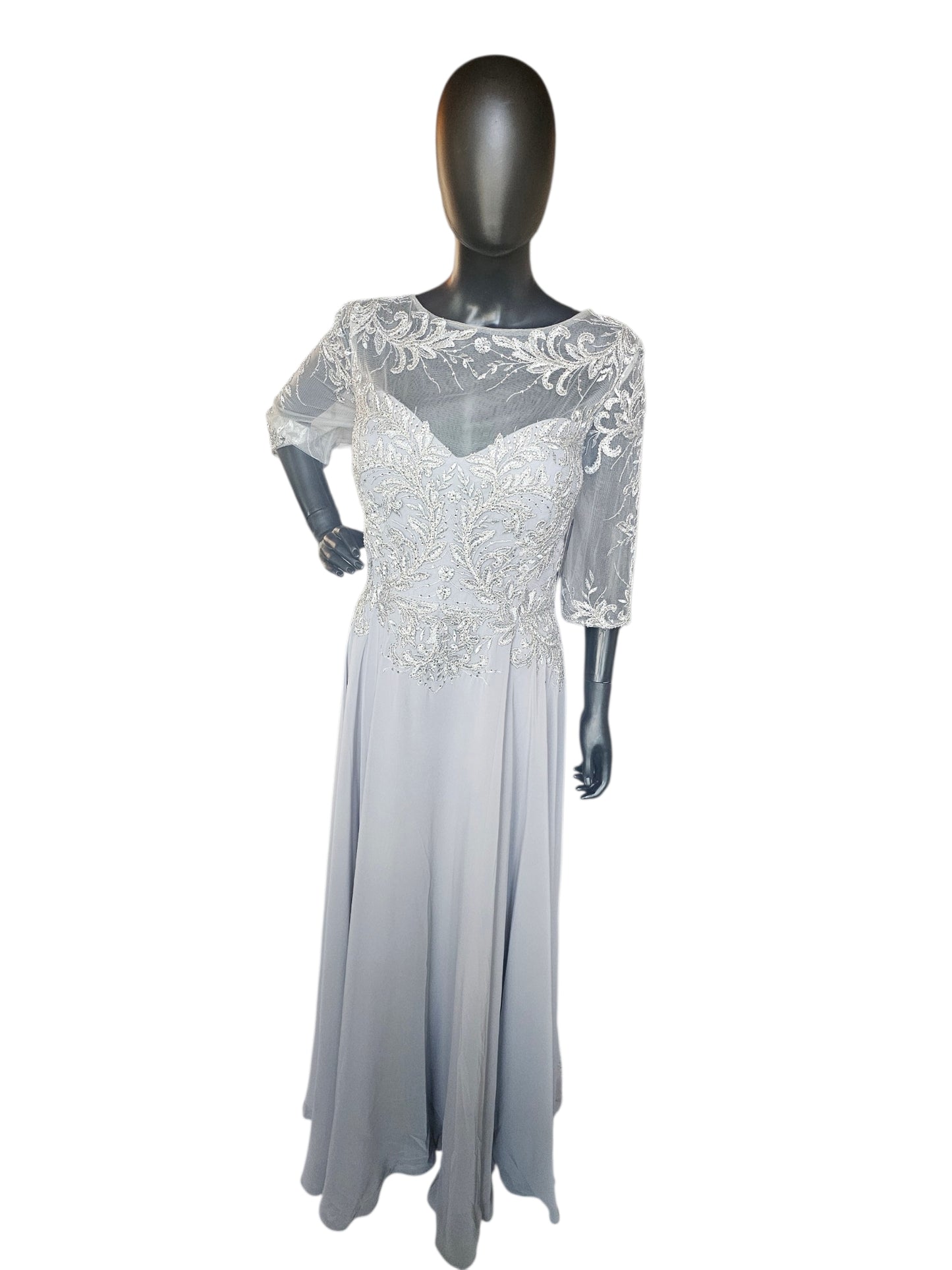 Silver Lace 3/4 Sleeve A-Line Formal Gown - MGNY