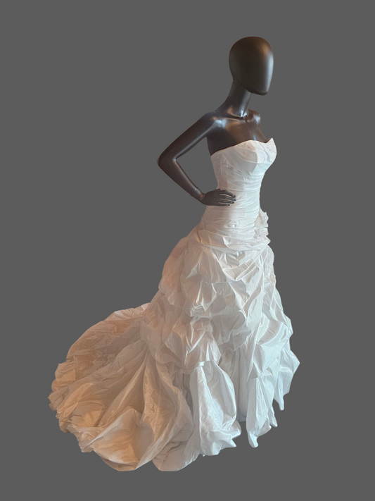 White Shimmering Taffeta Dropped Waist Ruched Undertuck Cupcake Wedding Gown - Casablanca