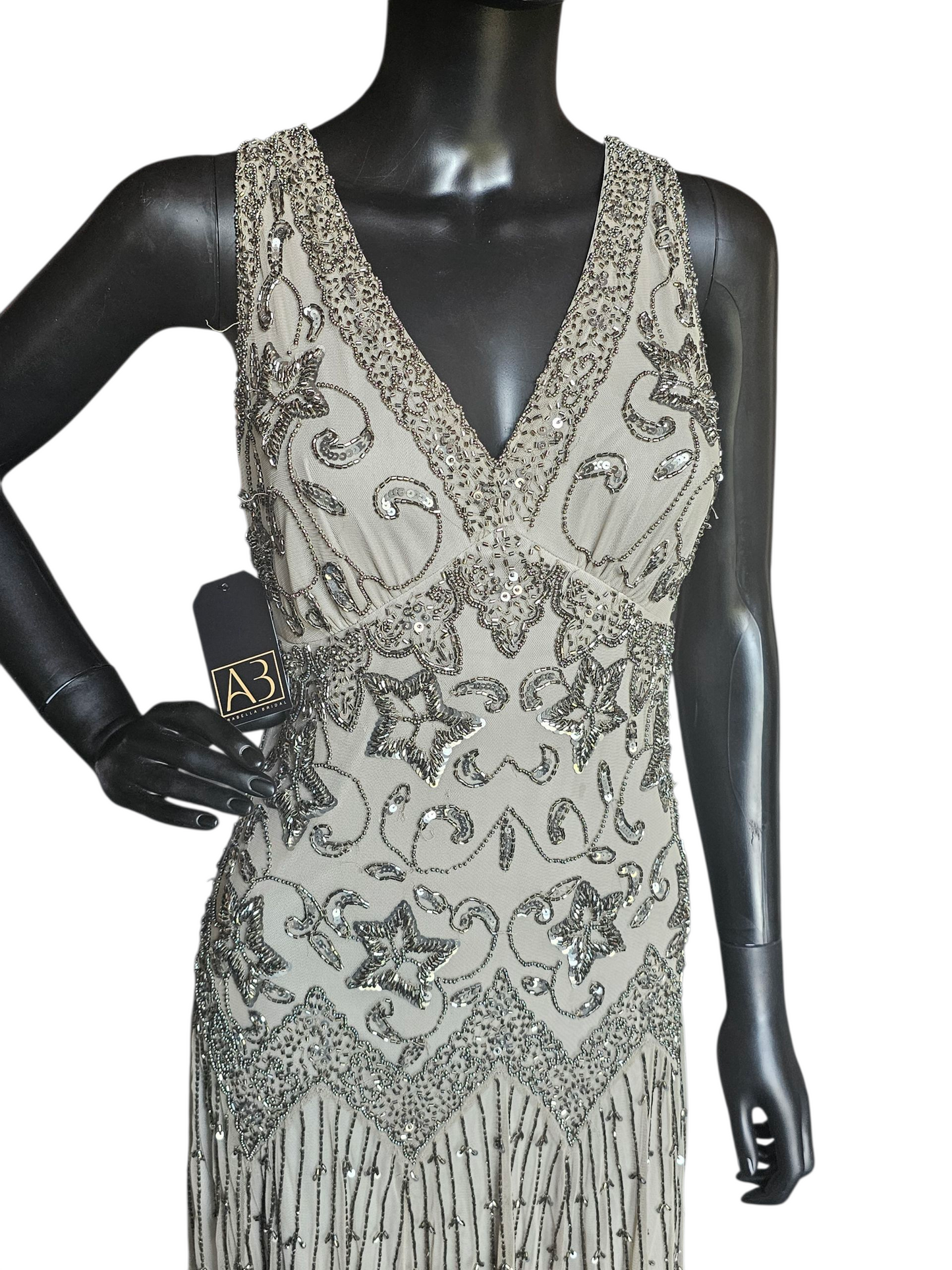 Sage Green/Metallic Beaded Drop Waist Party Dress - Pissaro Nights