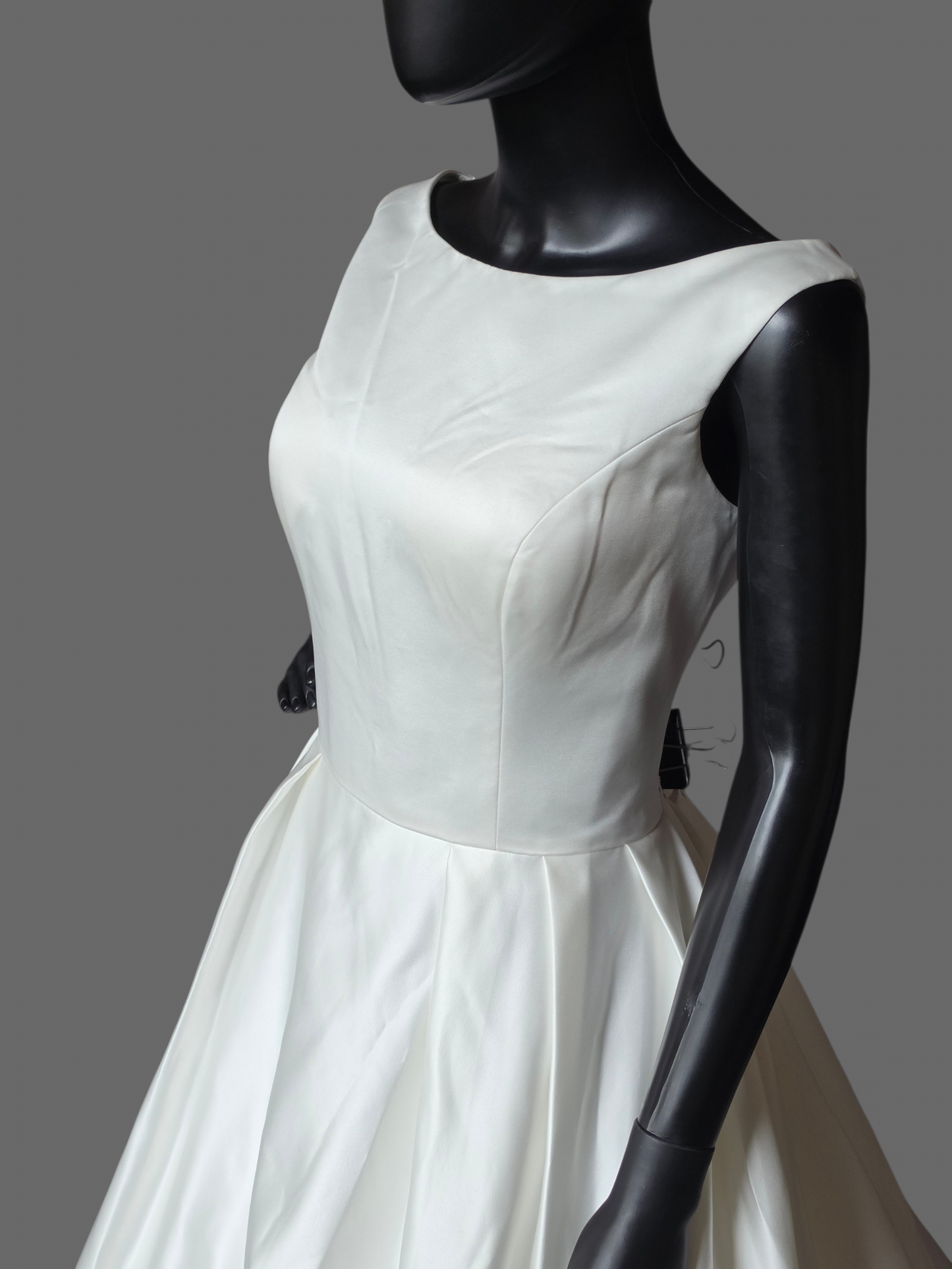 Ivory Simple Satin A-Line Boat Neck Box Pleat Wedding Dress