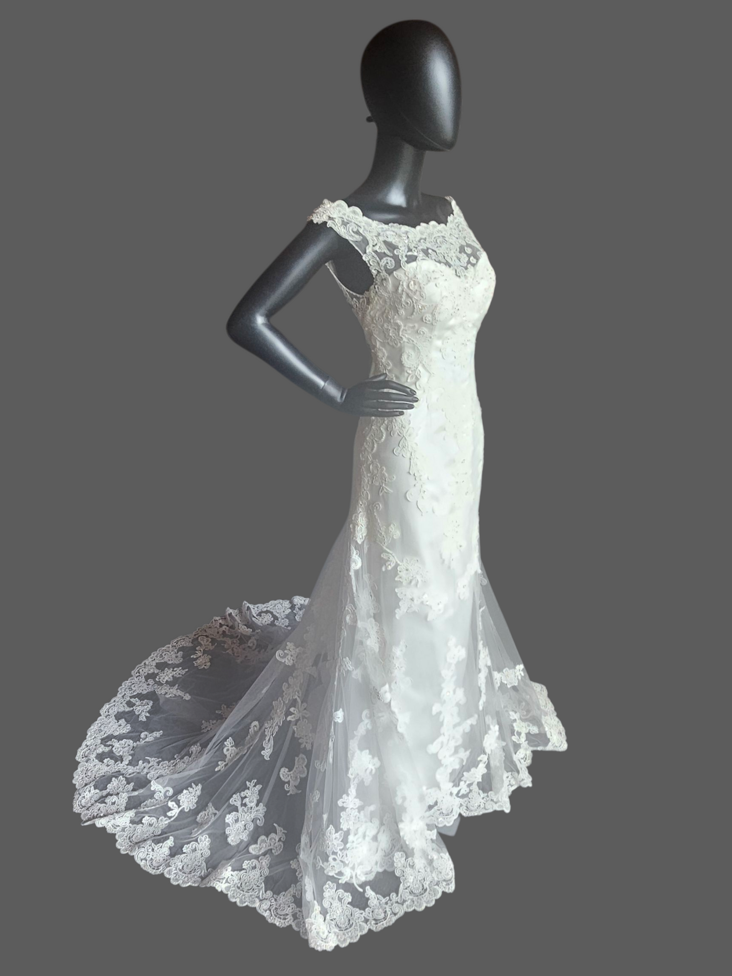 Ivory Lace Fit/Flare Bateau Neckline Wedding Gown - Casablanca