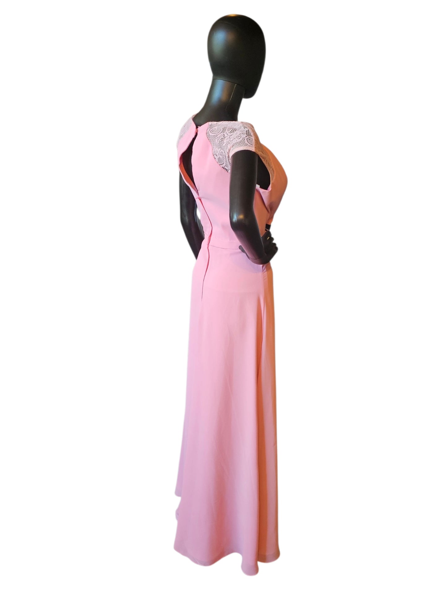 Pink Jewel Collar Belted Sheath Lace Cap Sleeve Maxi Formal Dress - Alexia