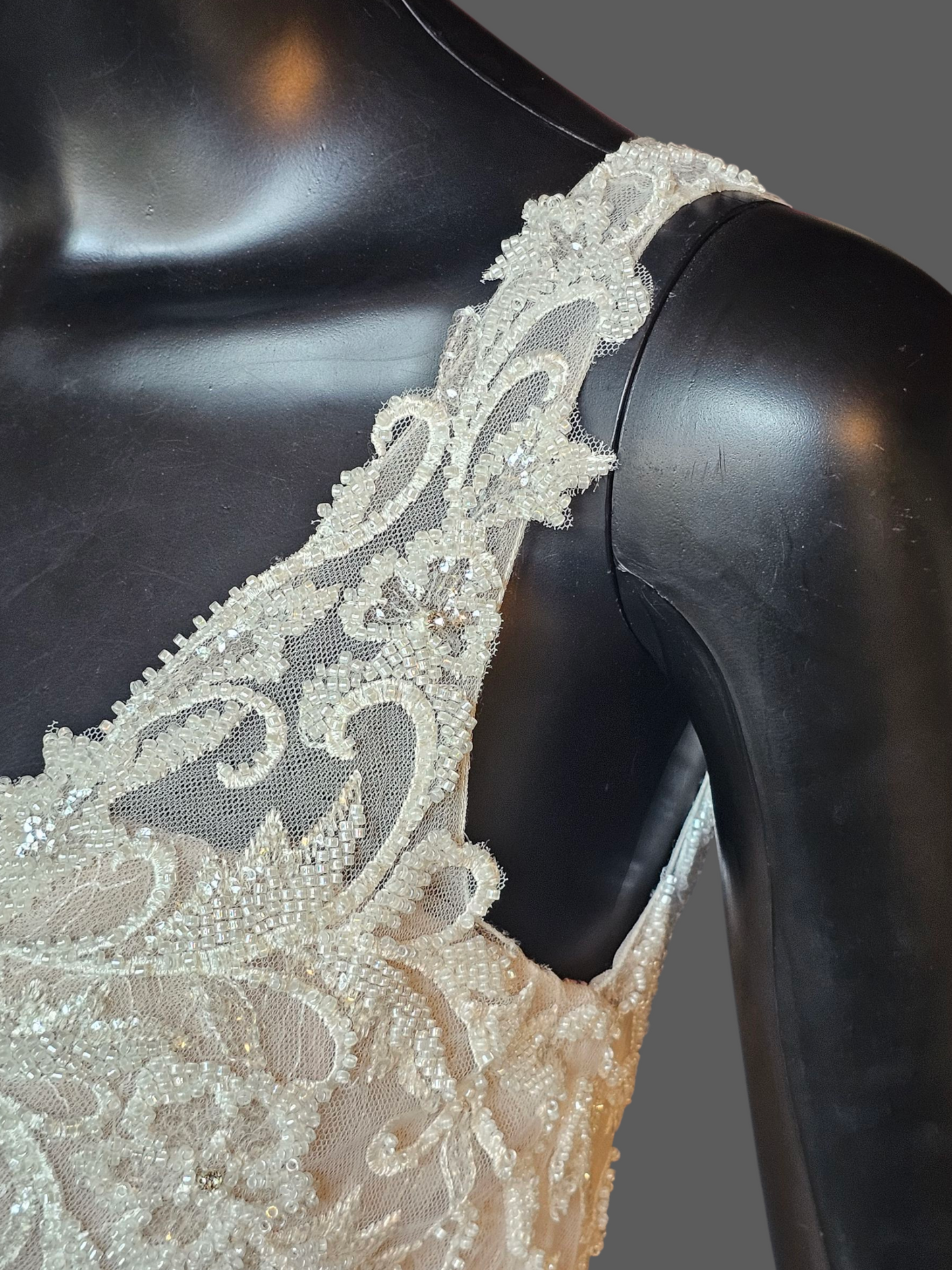 Ivory/Latte Beaded Lace Illusion Back Plunge Fit and Flare Wedding Gown - Da Vinci