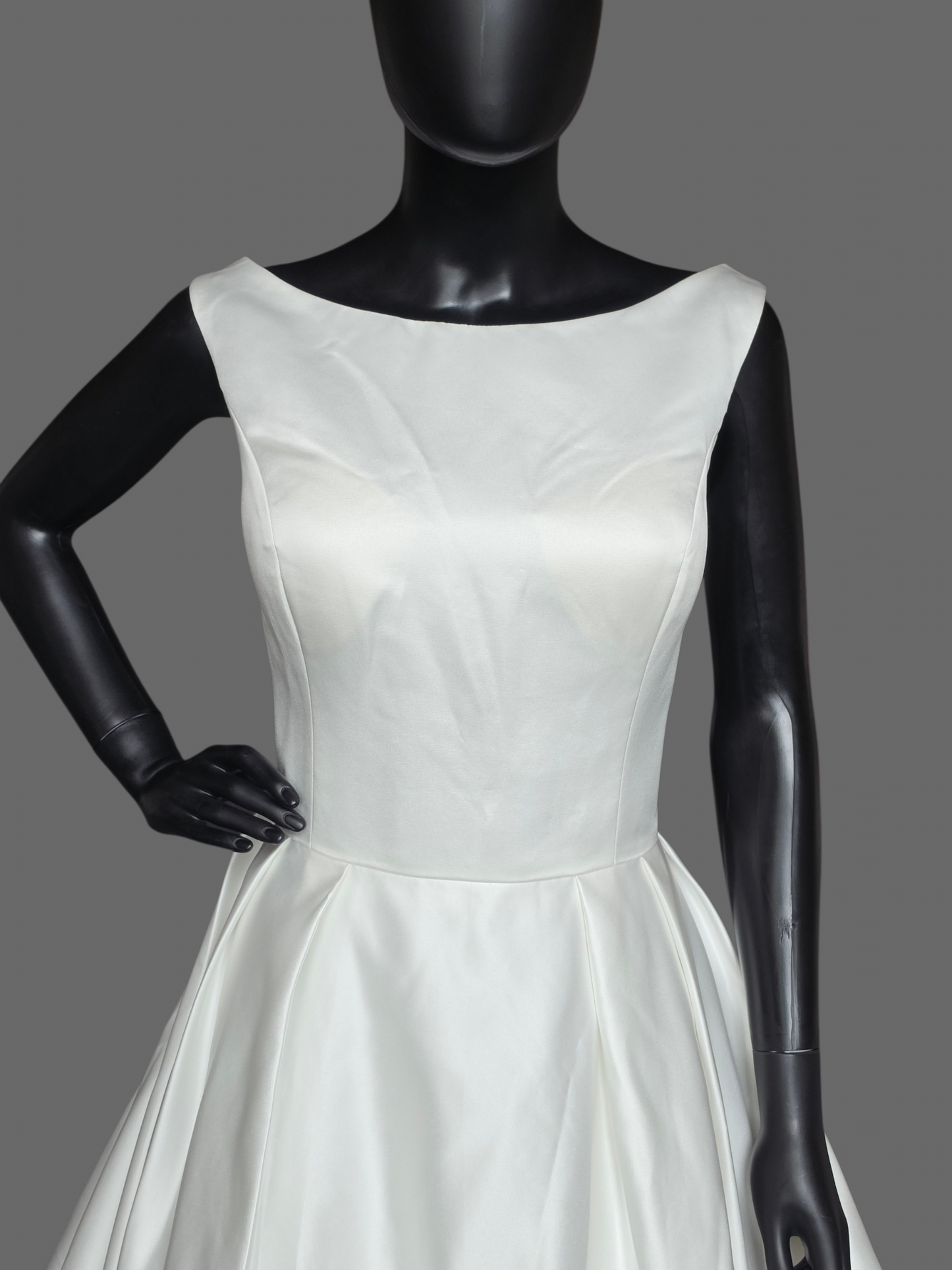 Ivory Simple Satin A-Line Boat Neck Box Pleat Wedding Dress