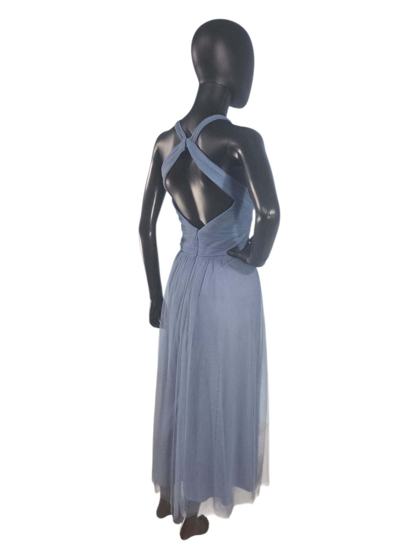 Slate Net/Tulle Tea Length Halter Formal Dress - Bill Levkoff