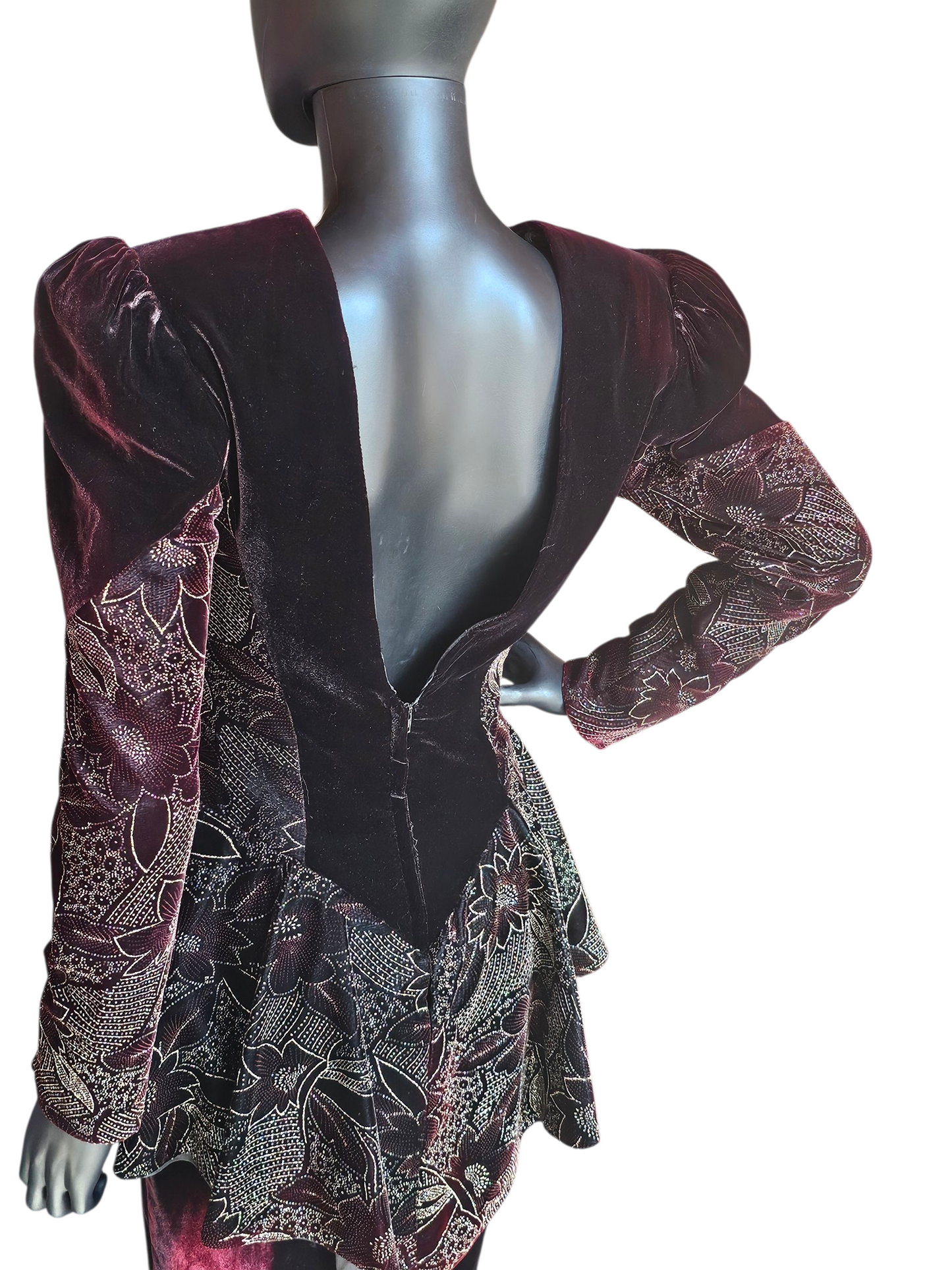 Vintage Dark Burgandy Velvet Peplum Party Dress - Jessica McClintock