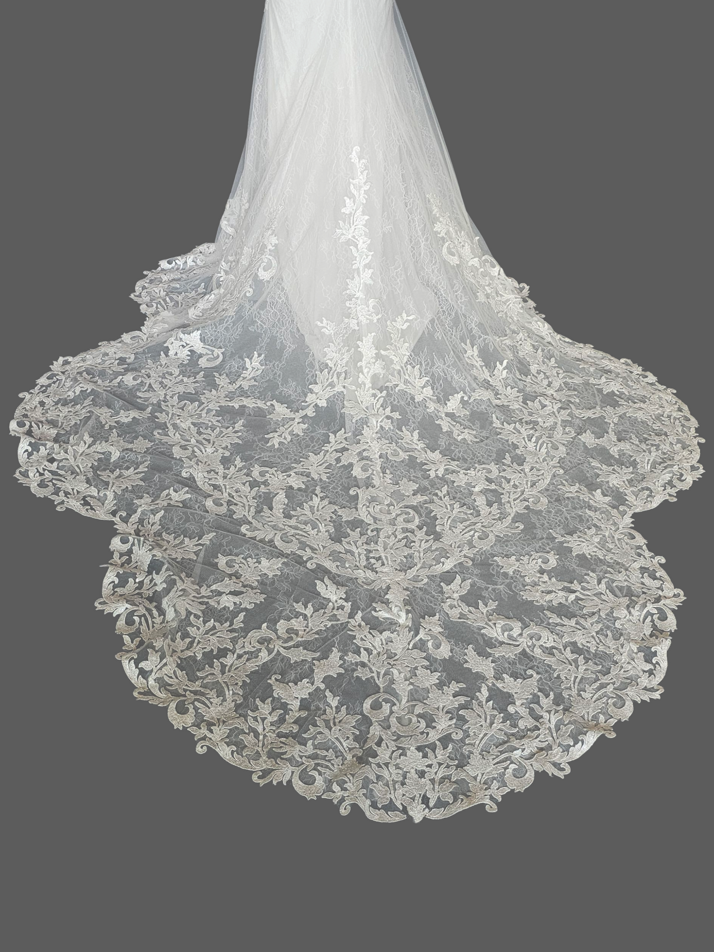 Ivory Lace Overlay Long Sleeve Plunge Fit/Flare Scallop Train Wedding Gown - Mori Lee