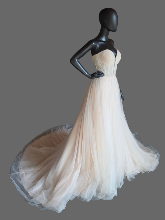 Blush Plunge Corset Top Sweetheart Minimalist Tulle A-Line Wedding Gown - Eddy K