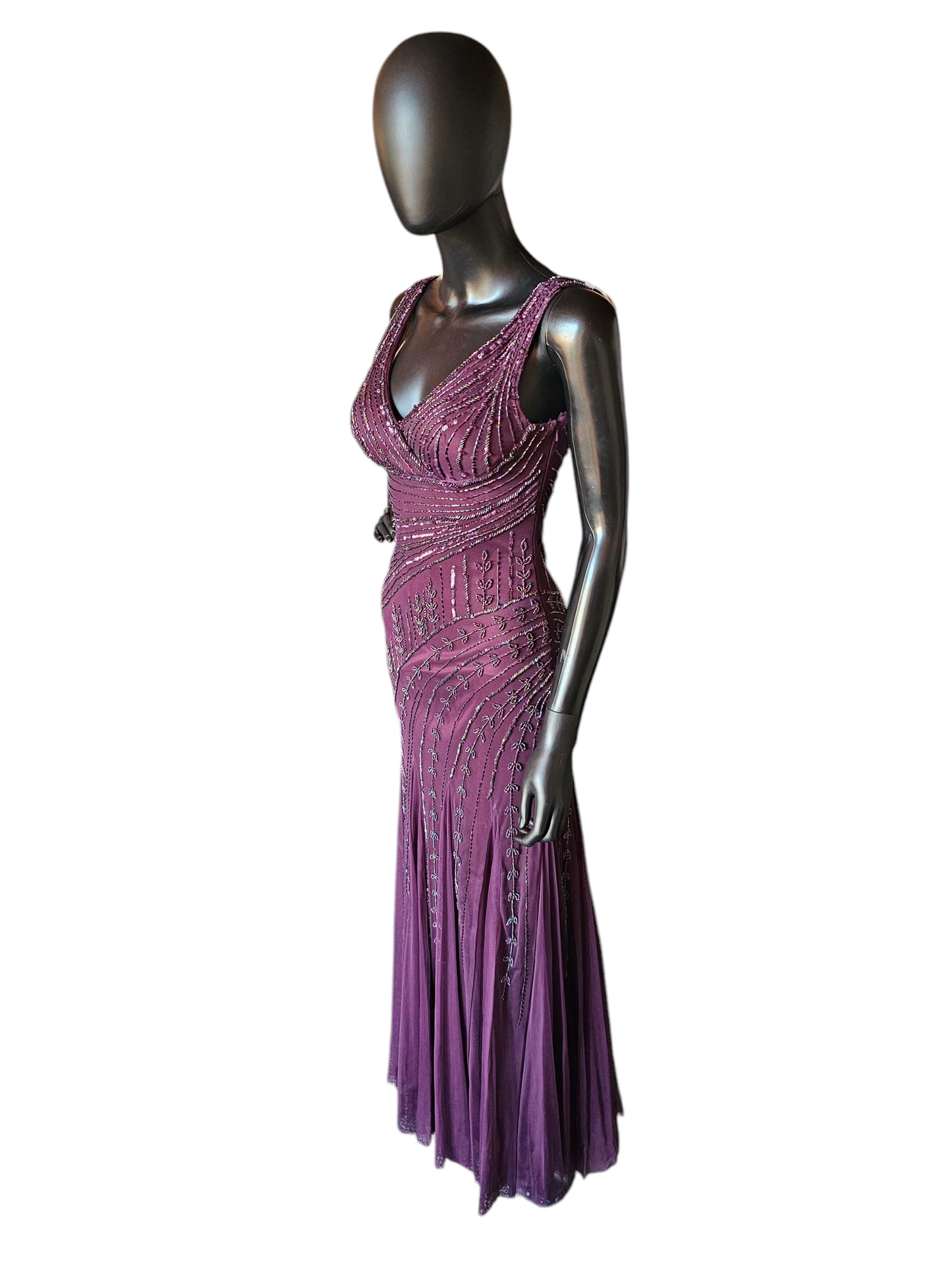 Plum V-neck Beaded Formal Gown - Night Scene