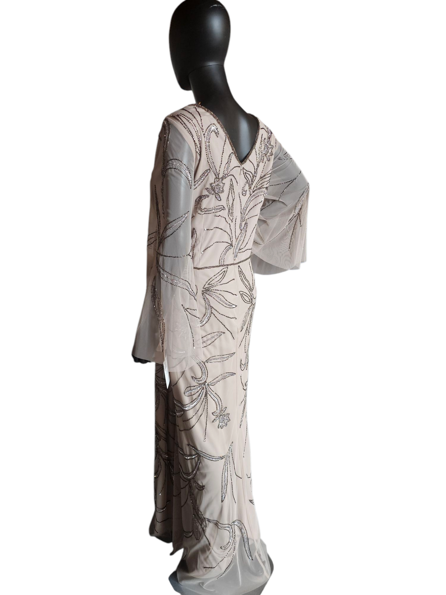 Taupe Beaded Mesh Bell Sleeve Formal Gown - Adrianna Papell