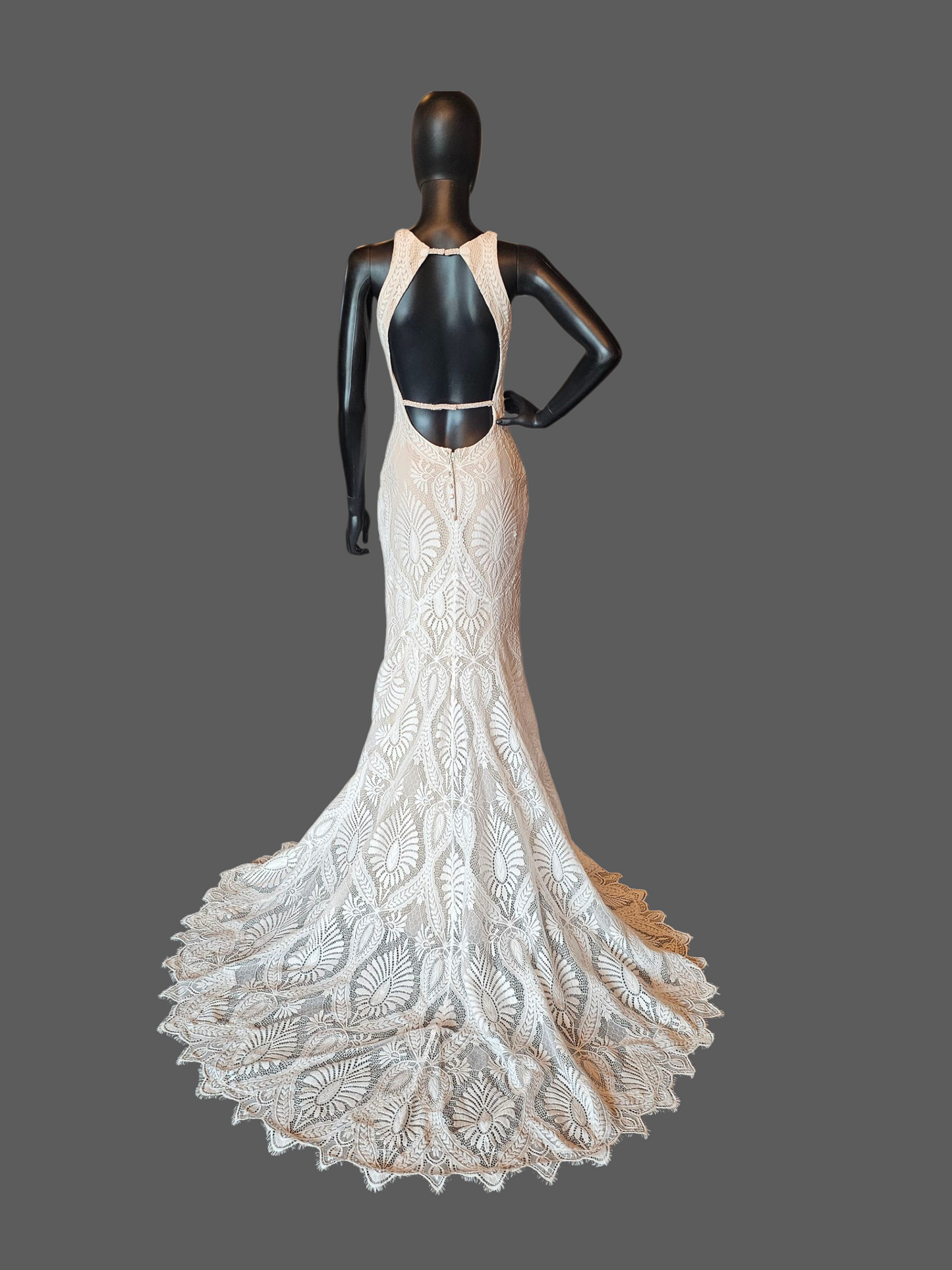 Boho Open Weave Lace Racer Halter Open Back Fitted Wedding Gown  - Wilderly Bride