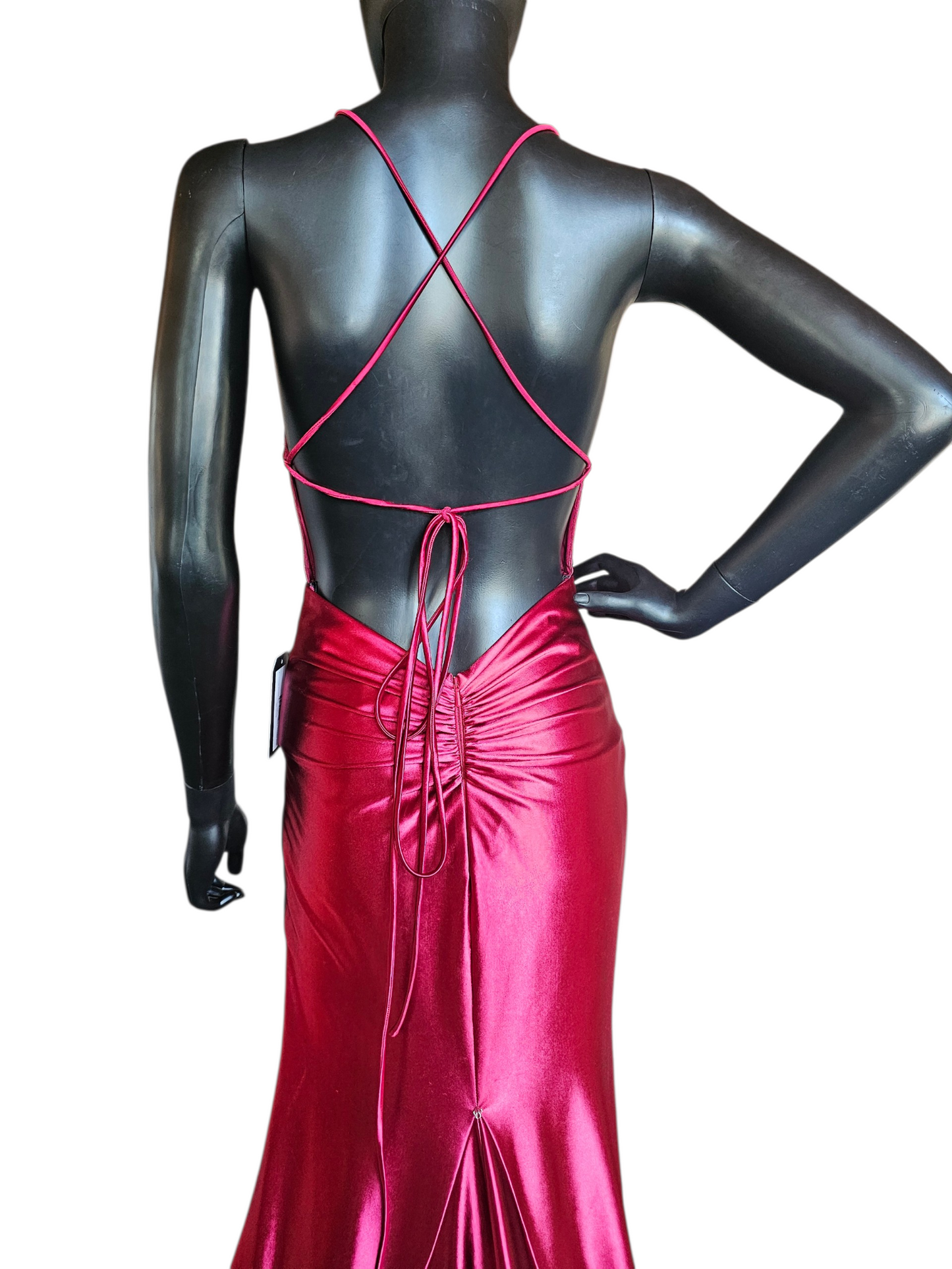 Red/Pink Stretch Plunge Halter Formal/Prom Dress - The Secret Room