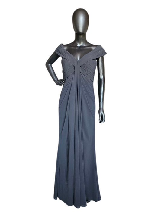 Black Chiffon Off Shoulder Ruched Simple Formal/Bridesmaid/Moms Dress  - Bari Jay
