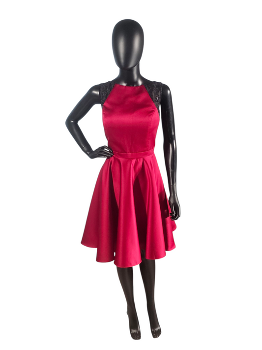 Claret Satin/Black Lace Illusion Back A-Line - Da Vinci