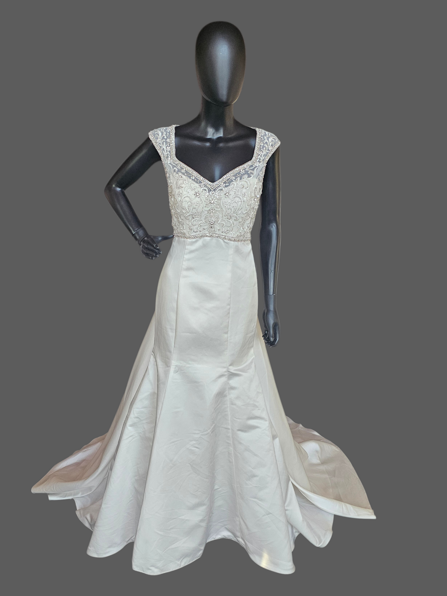 Ivory Satin Empire V-Neck Cap Sleeve Fit/Flare Wedding Gown - Da Vinci