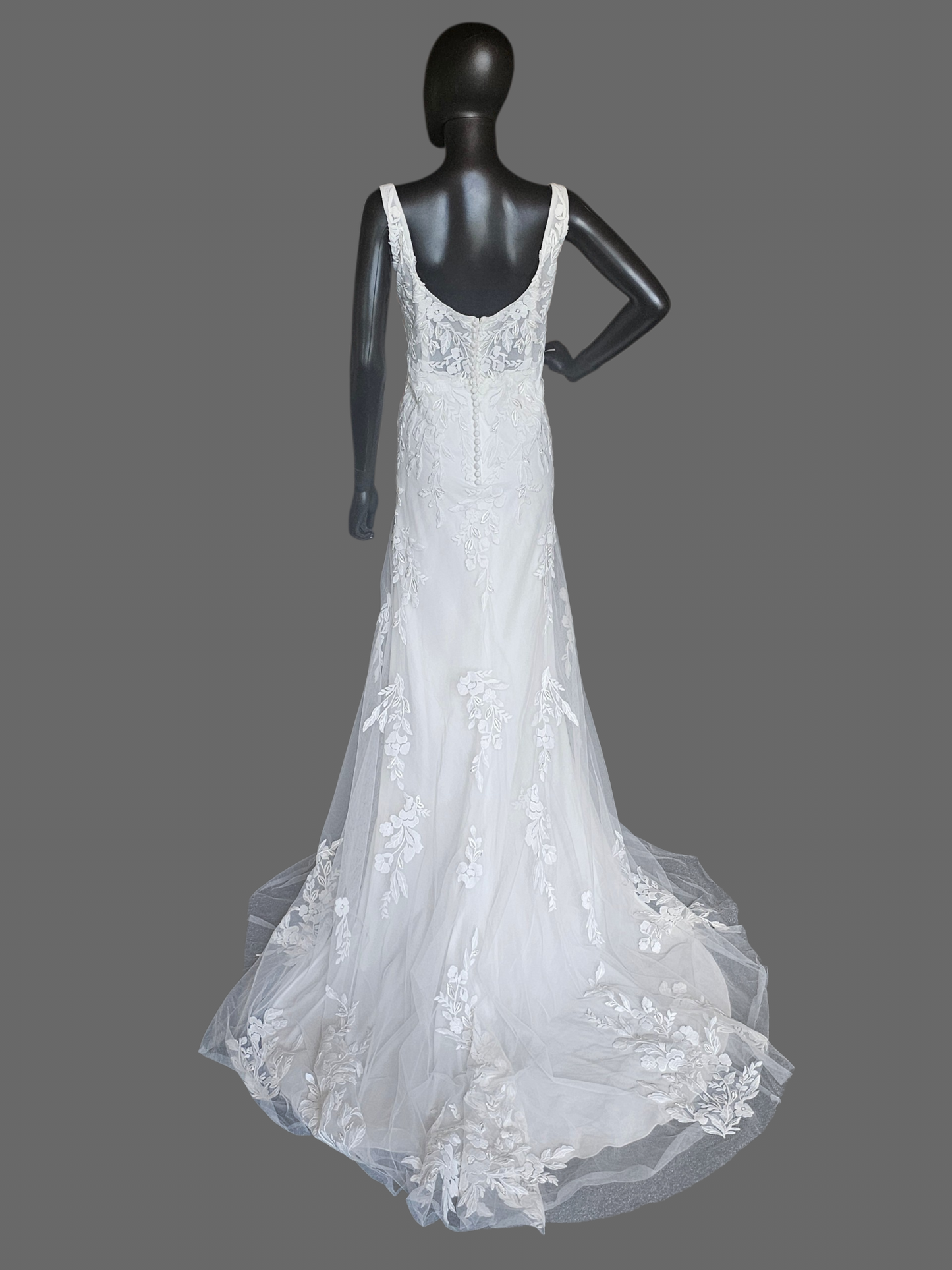 White Floral Lace Fit/Flare Corset Scoop Neck Plunge Detailed Train Wedding Gown - Rebecca Ingram