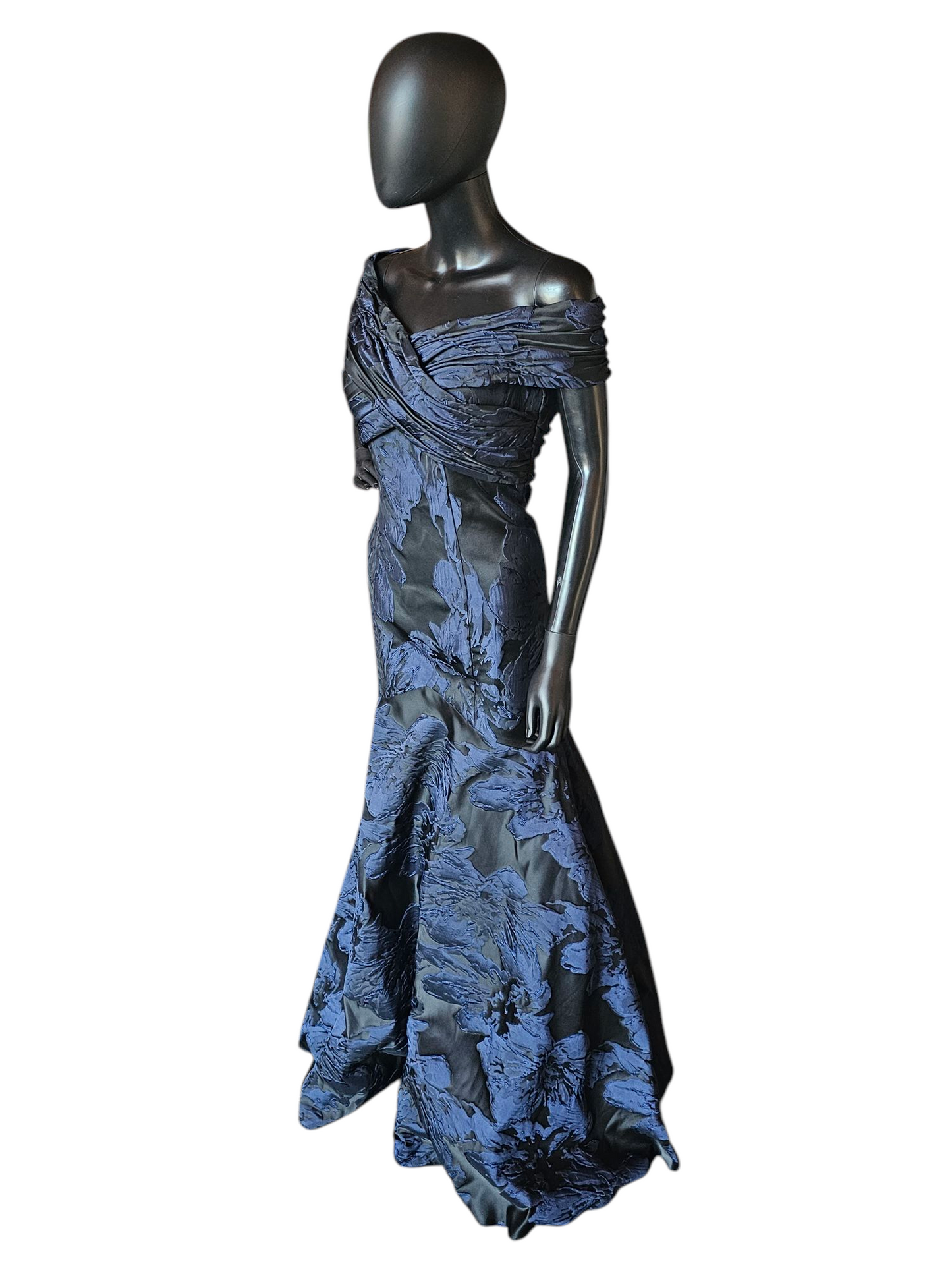 Black/Navy Jacquard Off Shoulder Fit/Flare Formal Gown - Madeline Gardner