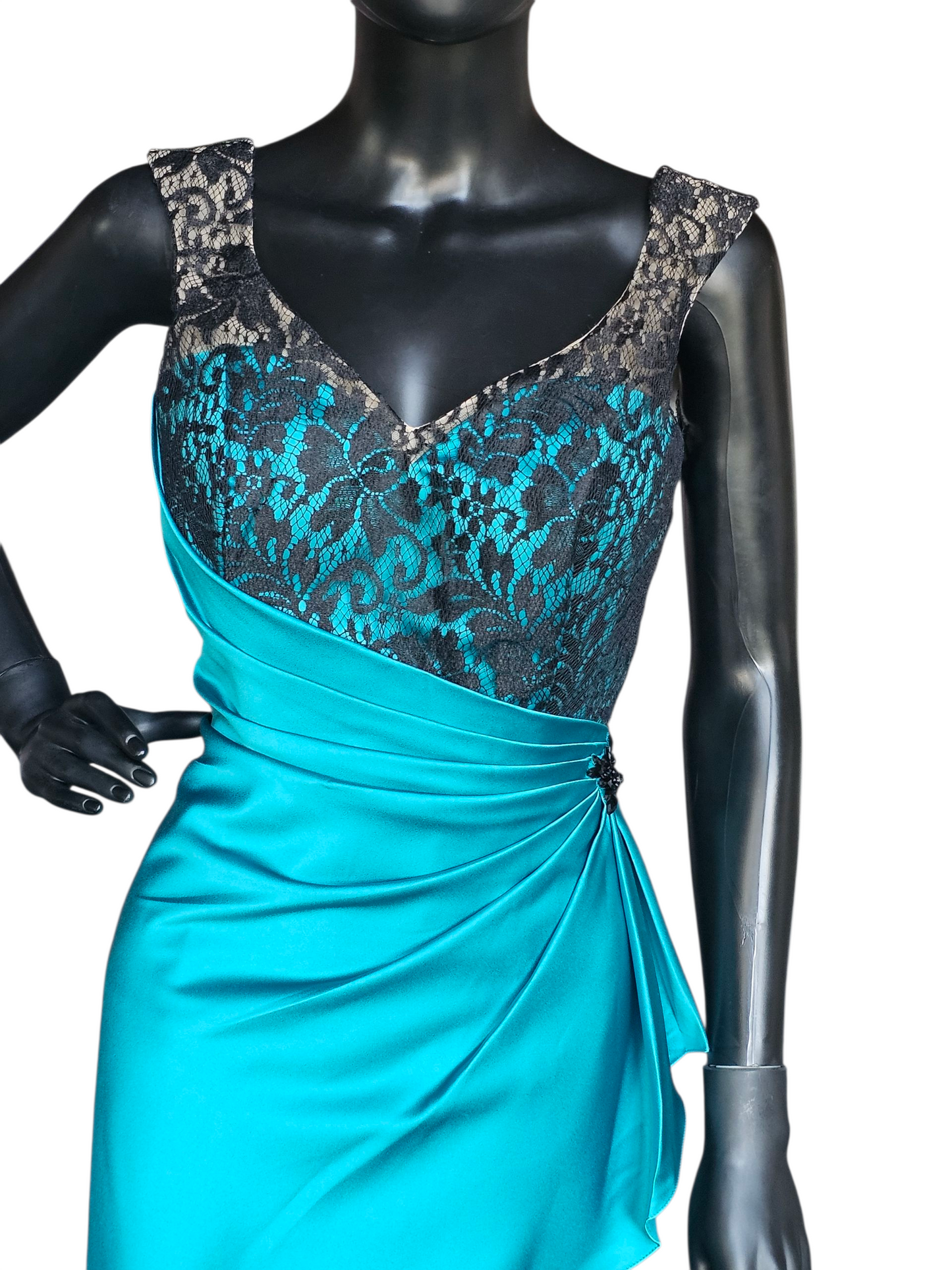 Teal Satin/Black Lace Cocktail/Party Dress - Da Vinci