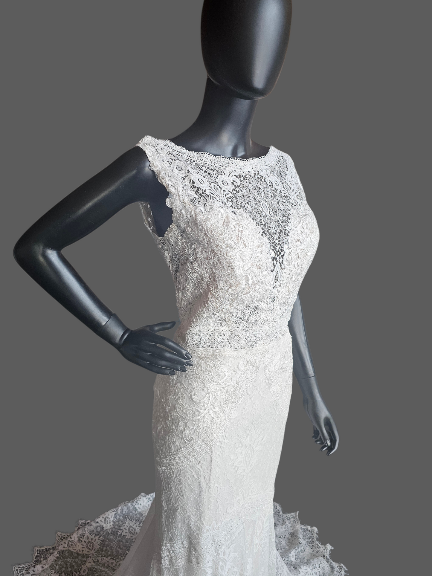 Boatneck Lace Ivory Fit/Flare Boho Wedding Gown - Lillian West