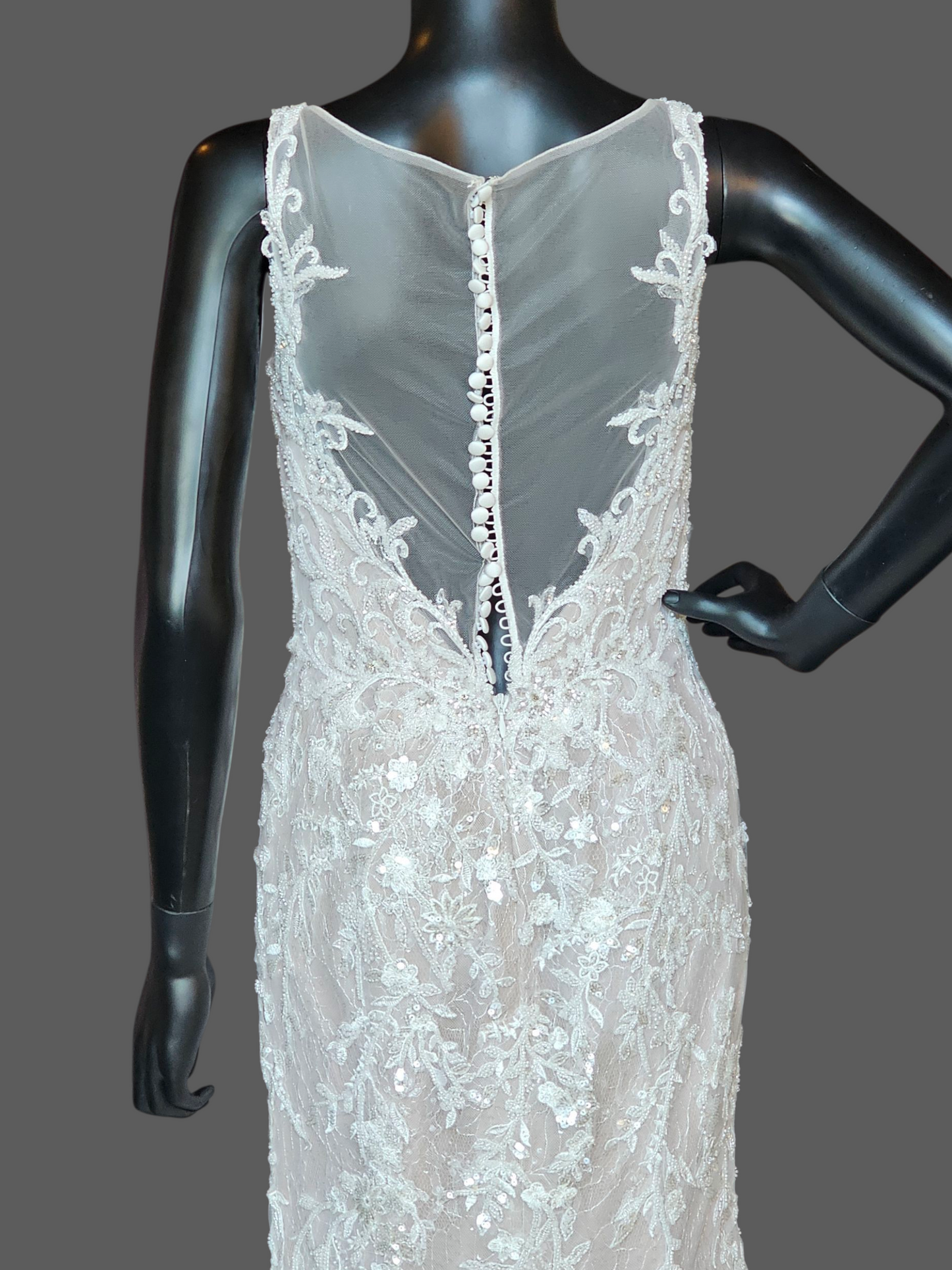 Ivory/Latte Beaded Lace Illusion Back Plunge Fit and Flare Wedding Gown - Da Vinci