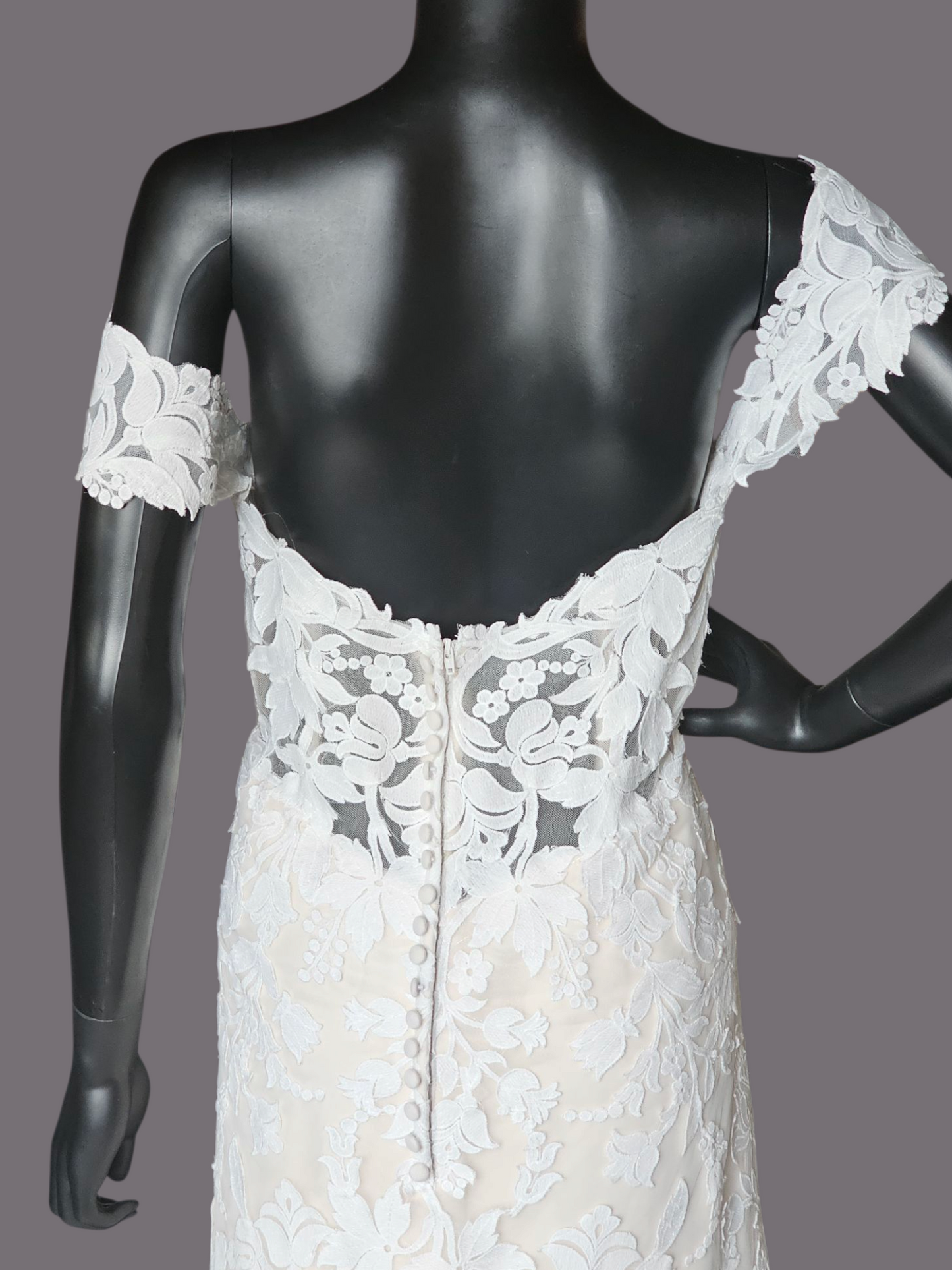 Ivory/Champ Floral Lace Off Shoulder Wedding Gown - Madeline Gardner