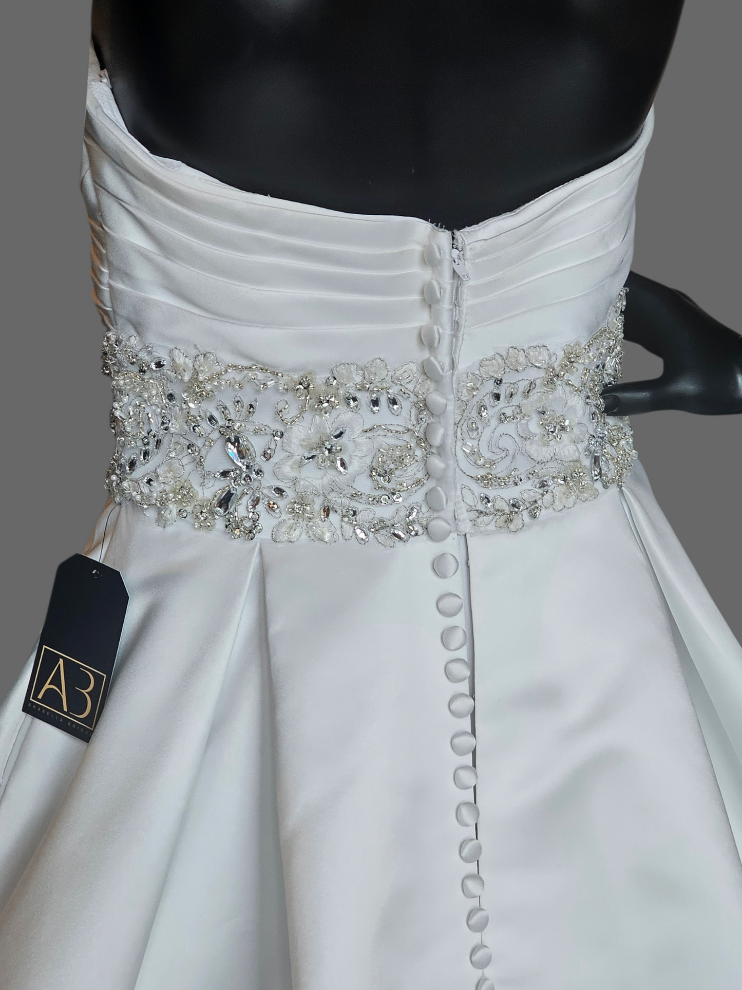 White Satin Box Pleat Crystal Waist Wedding Gown - Mori Lee