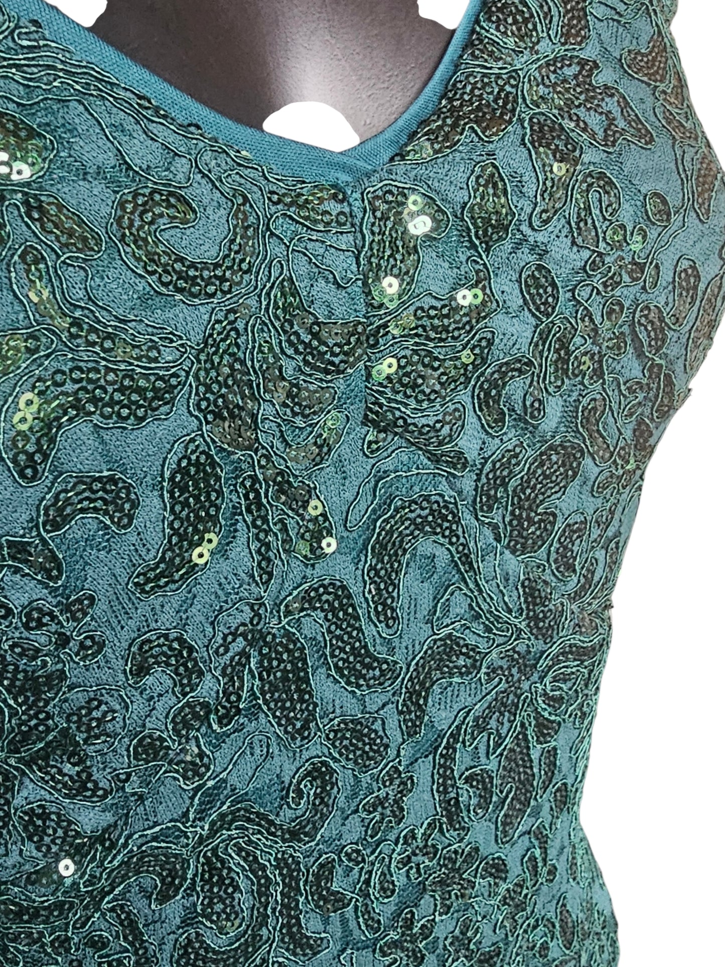 Hunter Green Floral Sequin Detail Cap Sleeve Full Length Formal Dress - R & M Richards