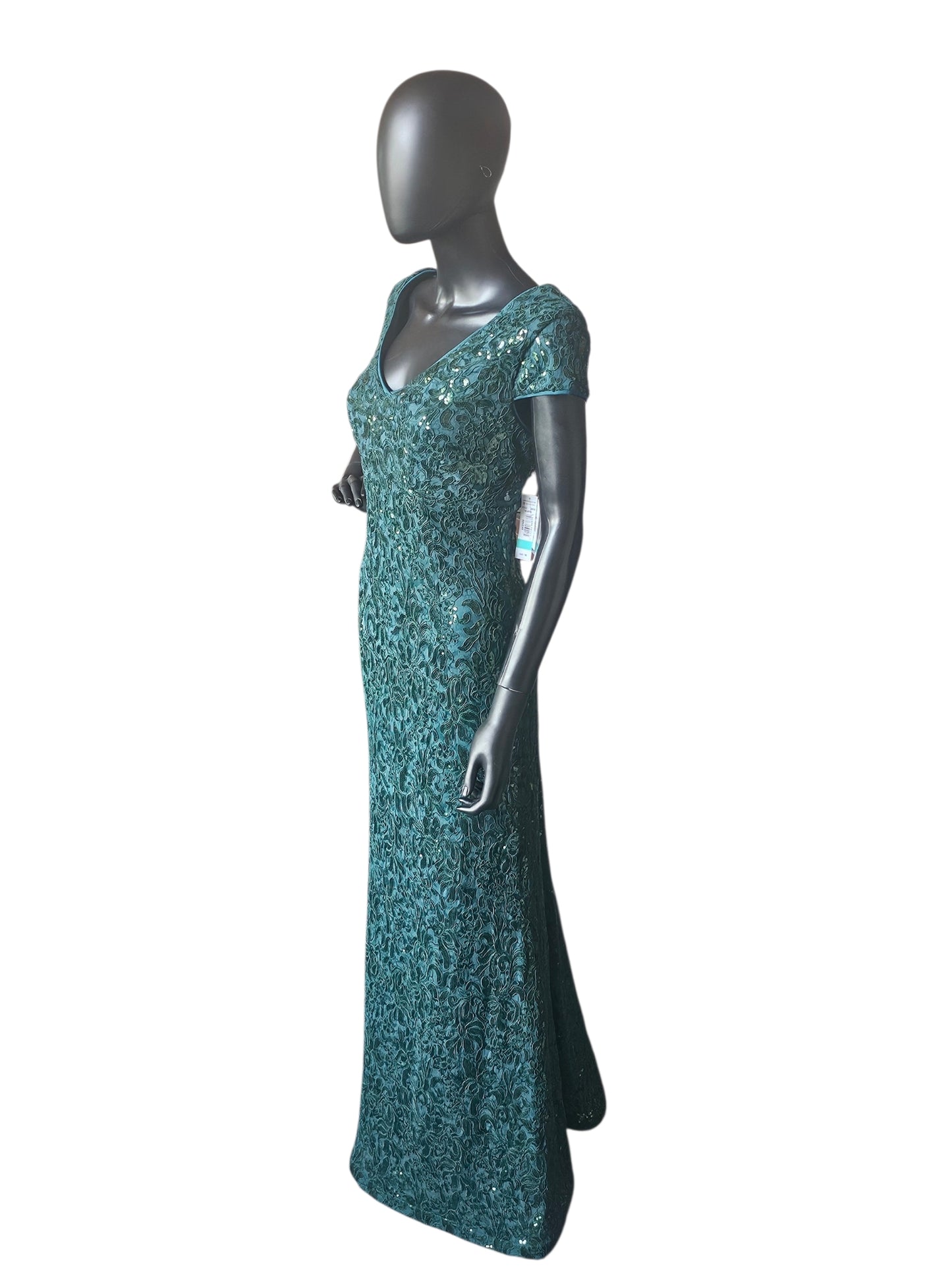 Hunter Green Floral Sequin Detail Cap Sleeve Full Length Formal Dress - R & M Richards