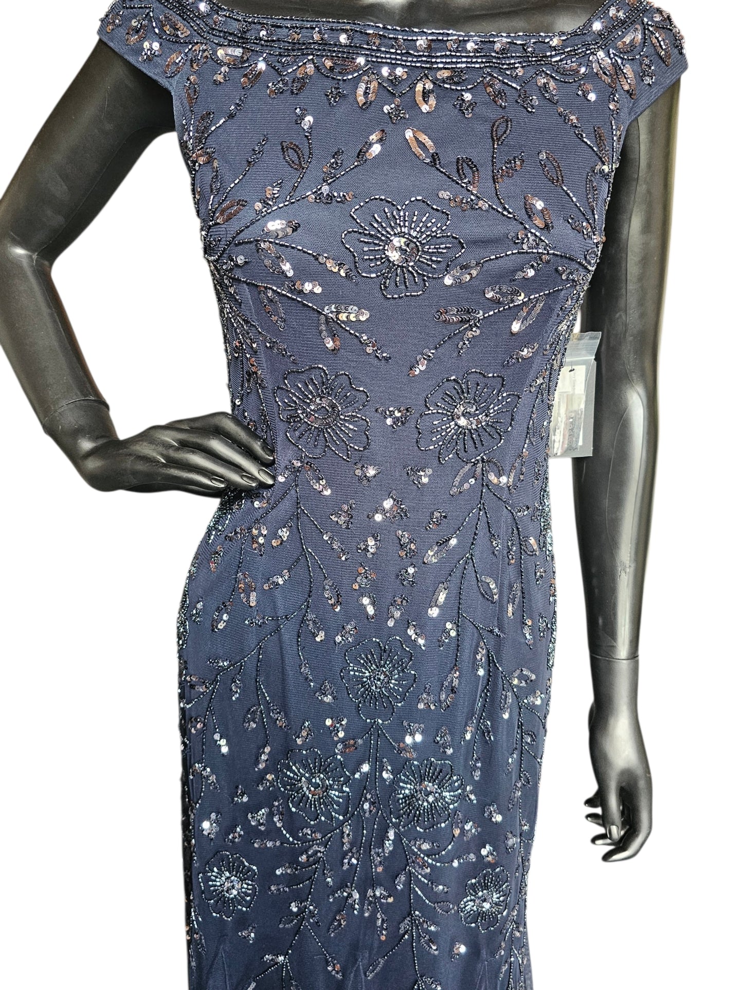 Navy Beaded Fit/Flare Off Shoulder Full Length Formal Dress - Oleg Cassini