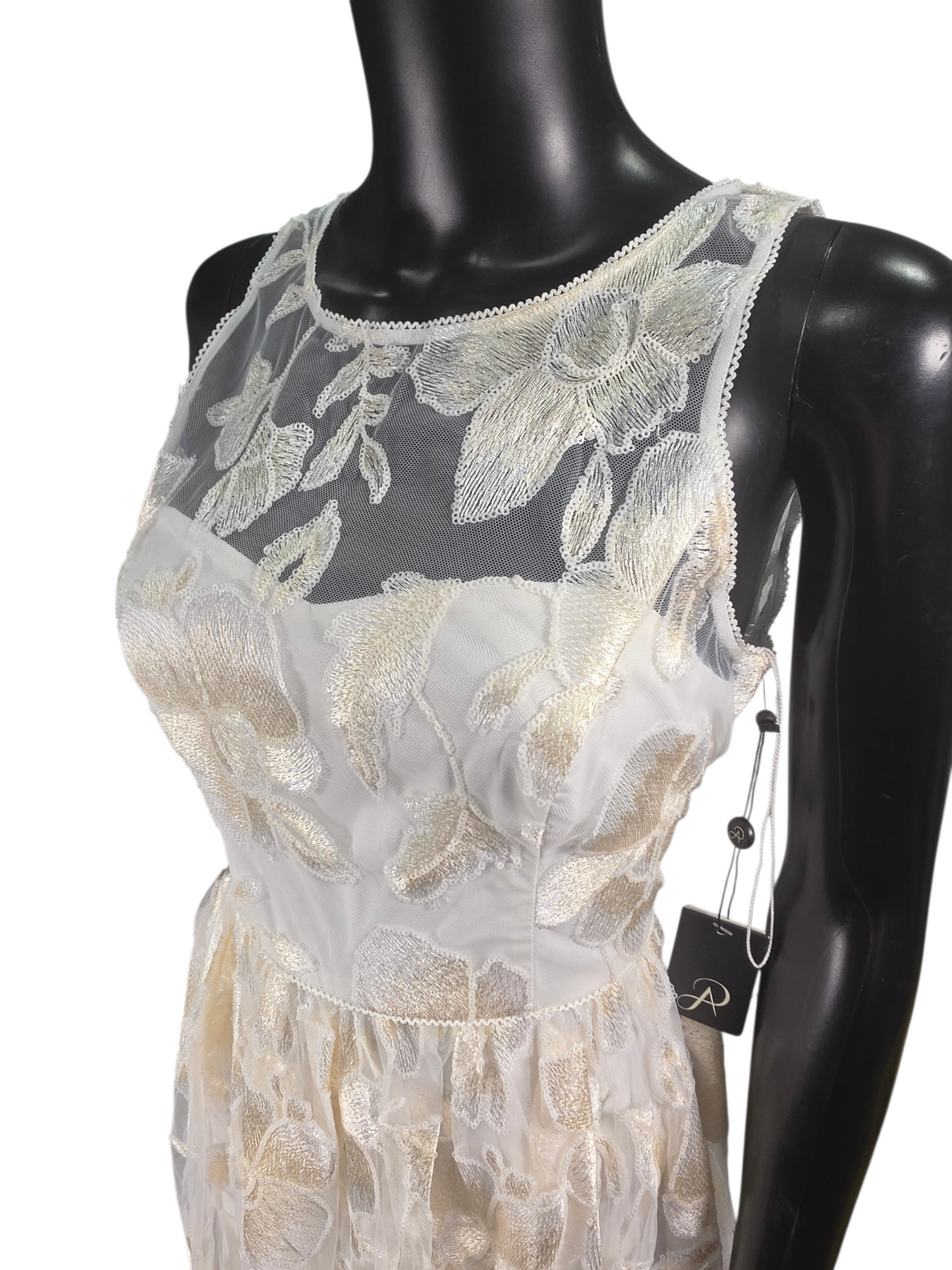 Ivory/Blush Floral Embroidered A-Line Knee Length Illusion Back & Top - Adrianna Papell
