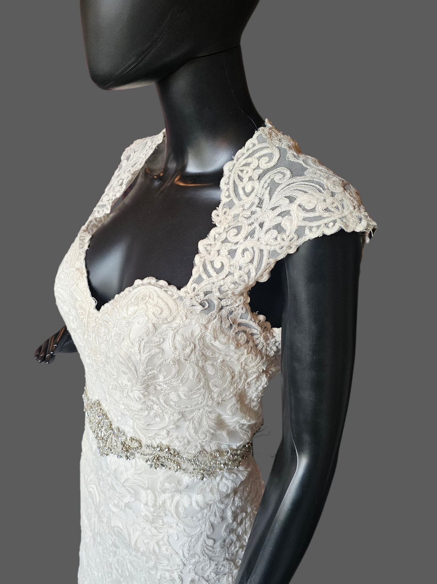 Ivory Lace Queen Anne Cap Sleeve Fit/Flare Wedding Gown - Mori Lee