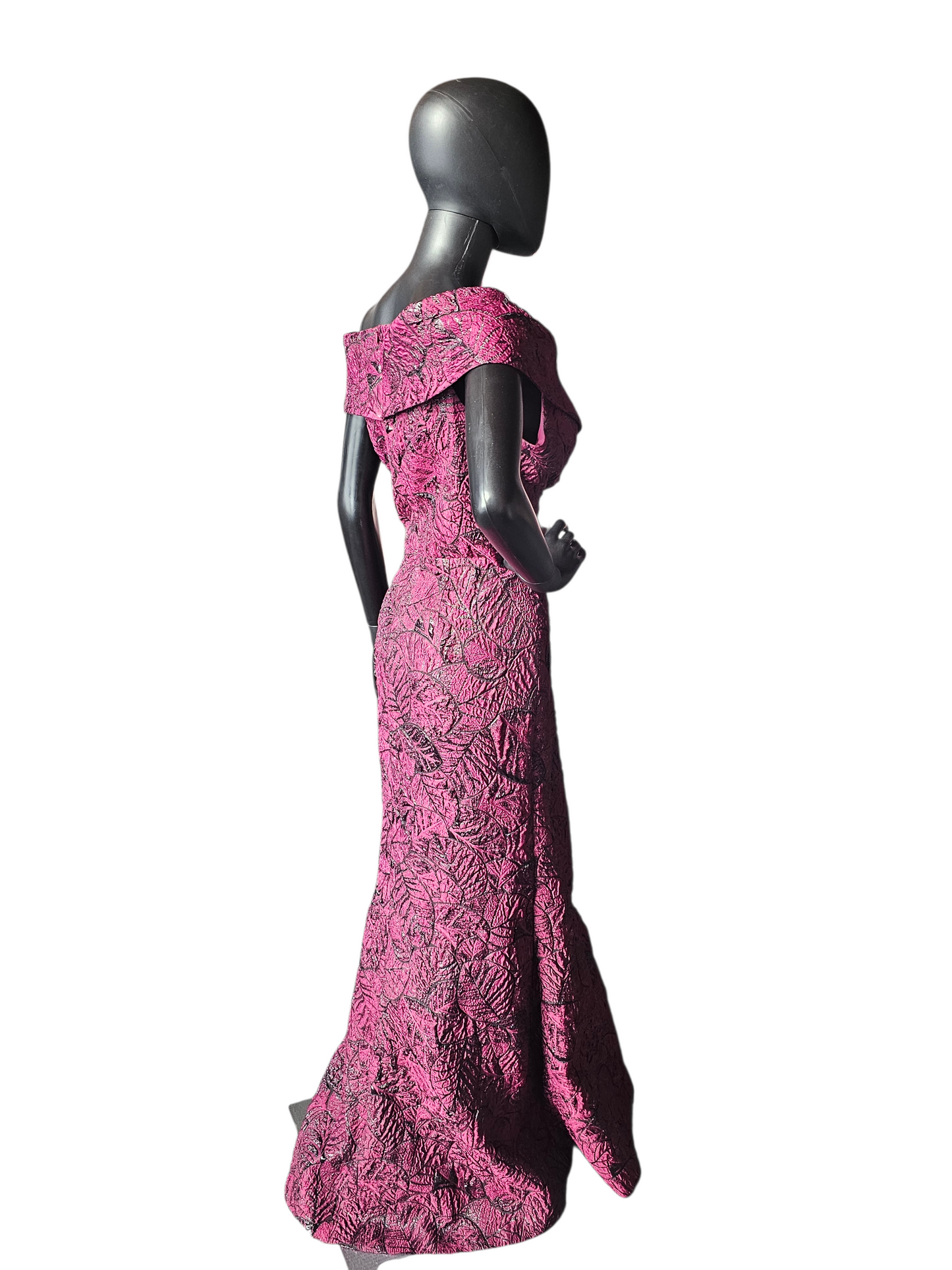 Red/Black Leaf Pattern Jacquard Off Shoulder Formal Dress - Teri Jon