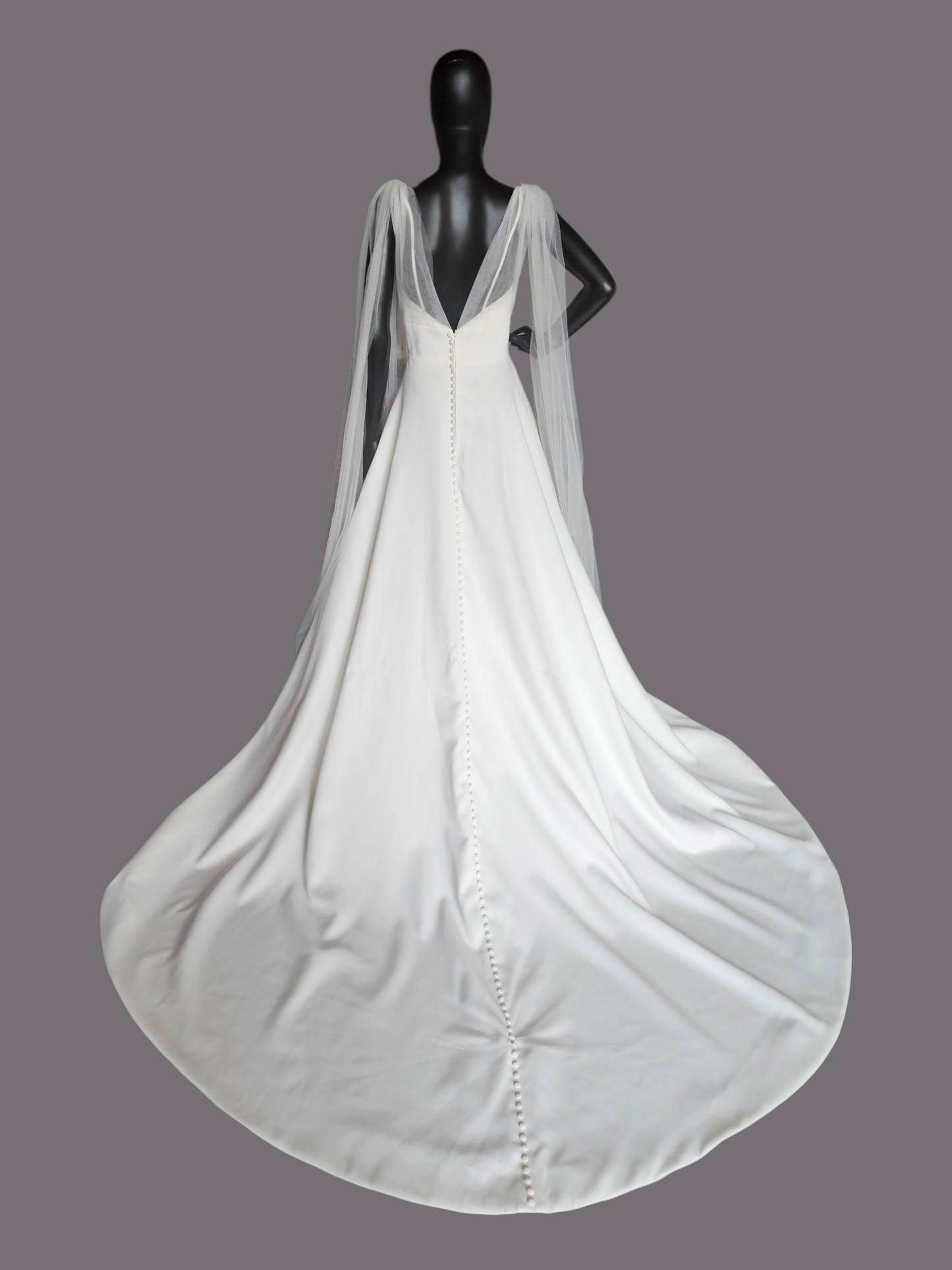 Plunge V-Neck Tulle Arm Detail Wedding Gown - Amy & Eve