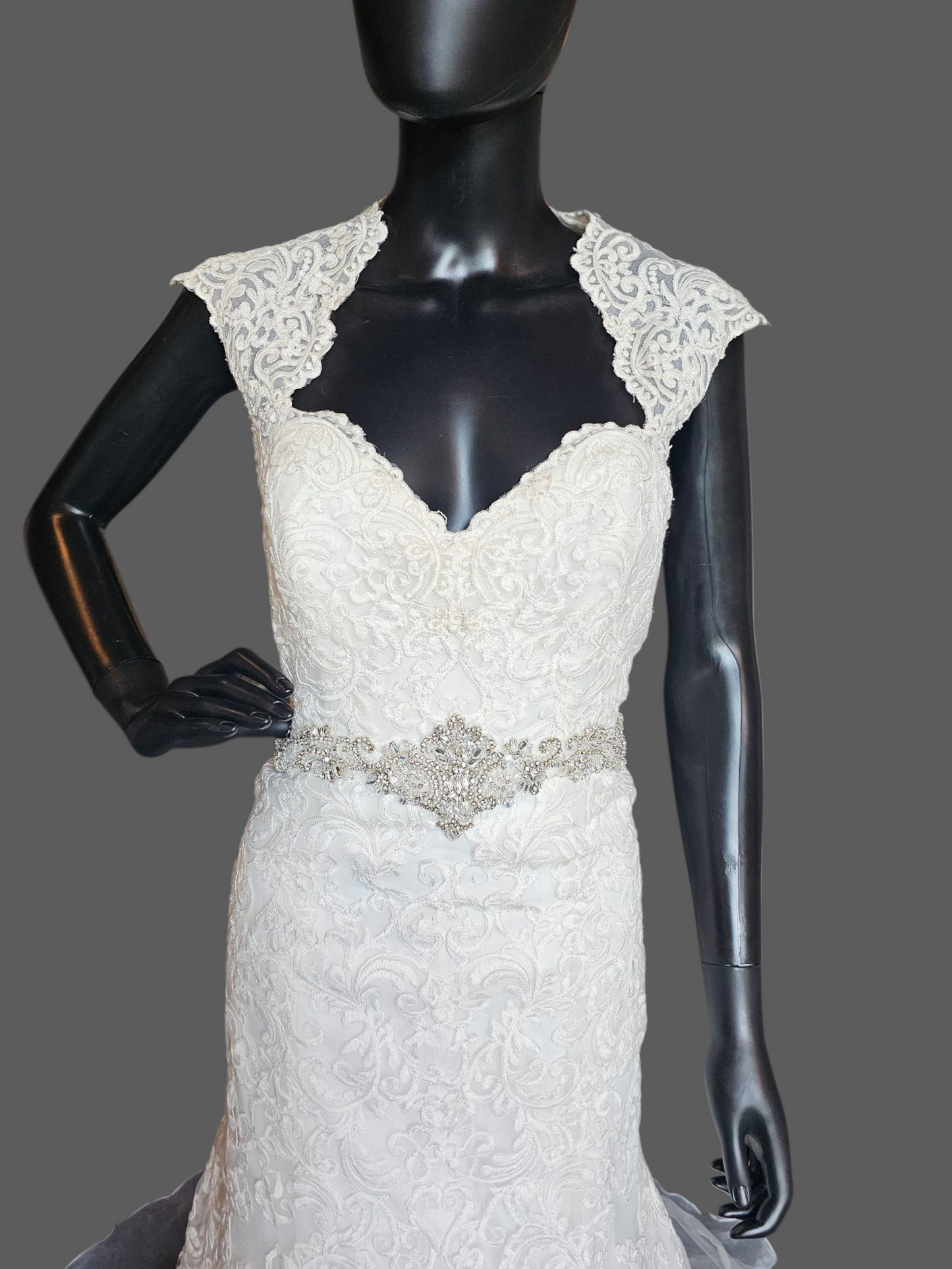 Ivory Lace Queen Anne Cap Sleeve Fit/Flare Wedding Gown - Mori Lee