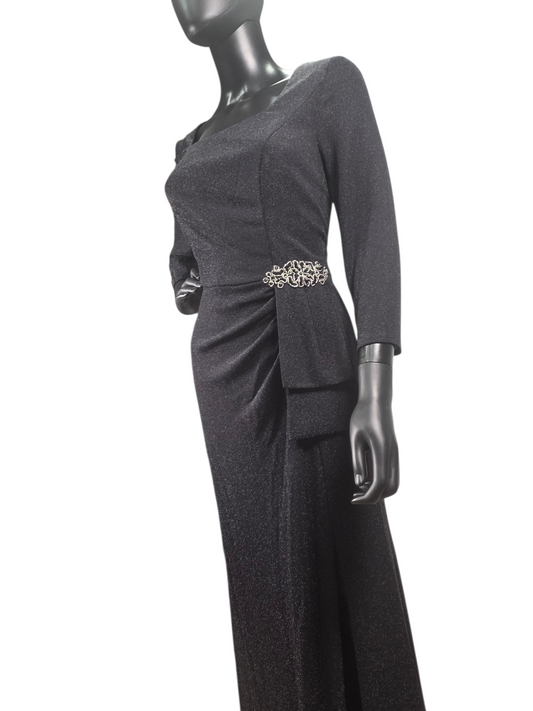 Black Shimmer Stretch Side Ruched With Gold Accented Scoop Neck Formal/Moms Dress - Alex Evenings