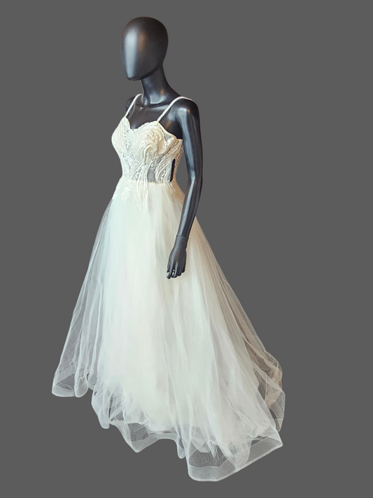 Ivory Spaghetti Strap Illusion Bodice Tulle A-Line Wedding Gown - Di La Sena - NWT