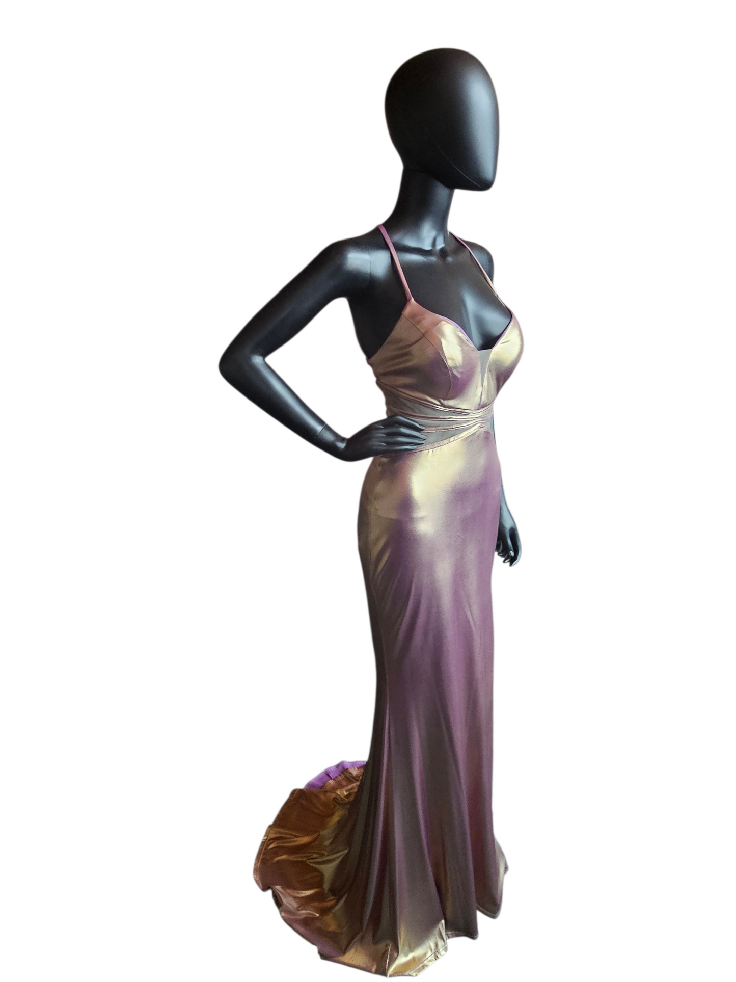 Rose Gold Iridescent Stretch Plunge Prom/Party Dress - Sparkle