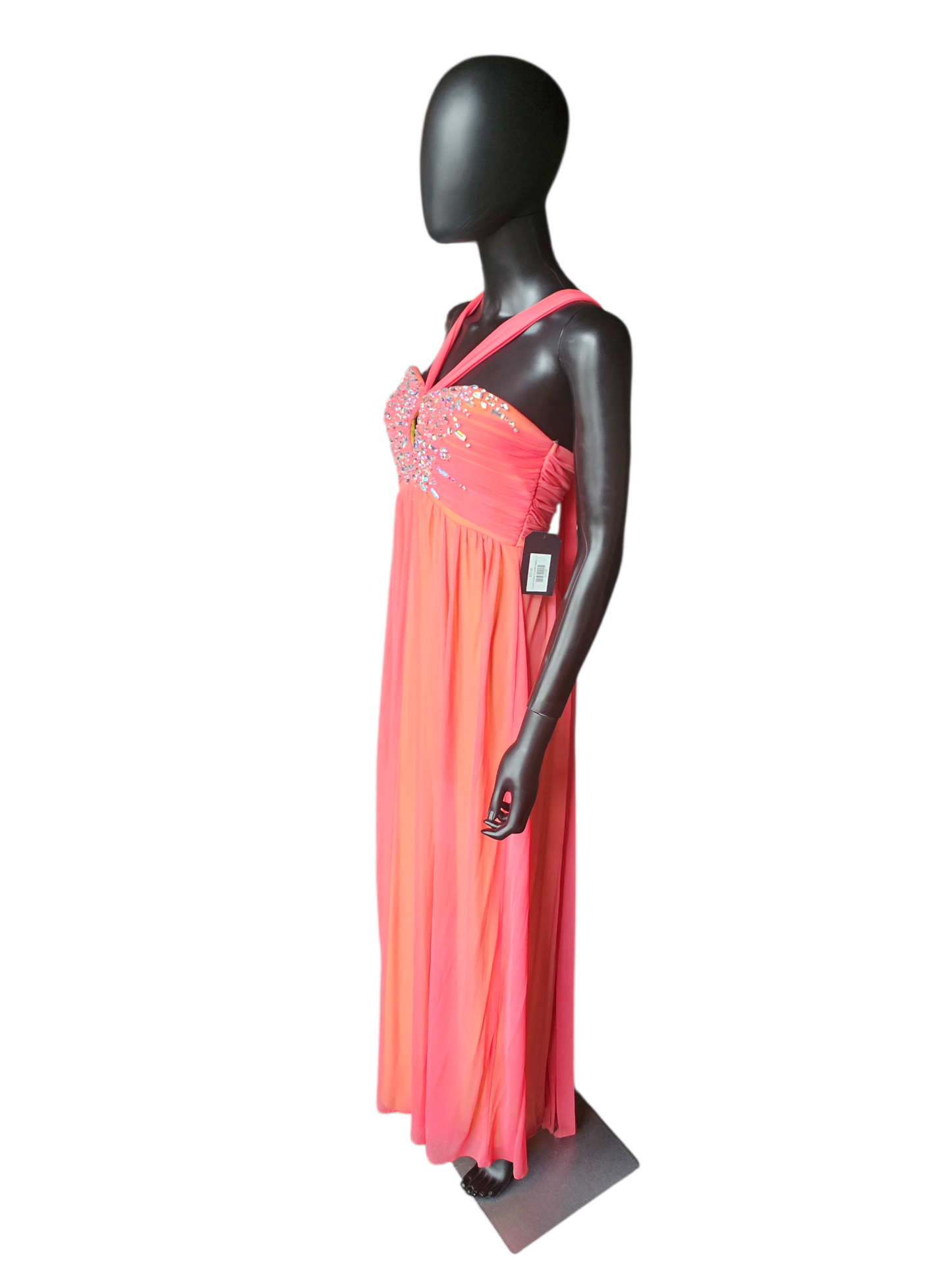 Coral/Yellow Crystal Halter Prom Dress