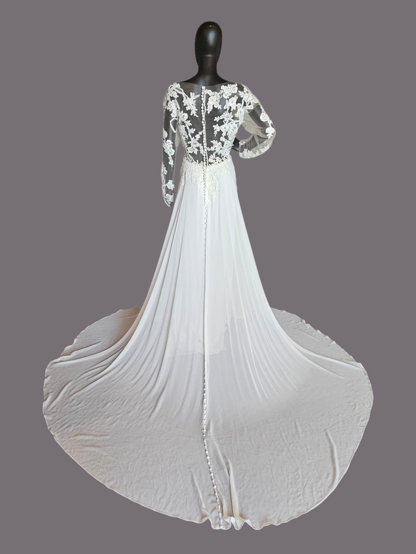 Ivory/Nude Deep Plunge Long Sleeve Chiffon Wedding Gown - Allure Romance