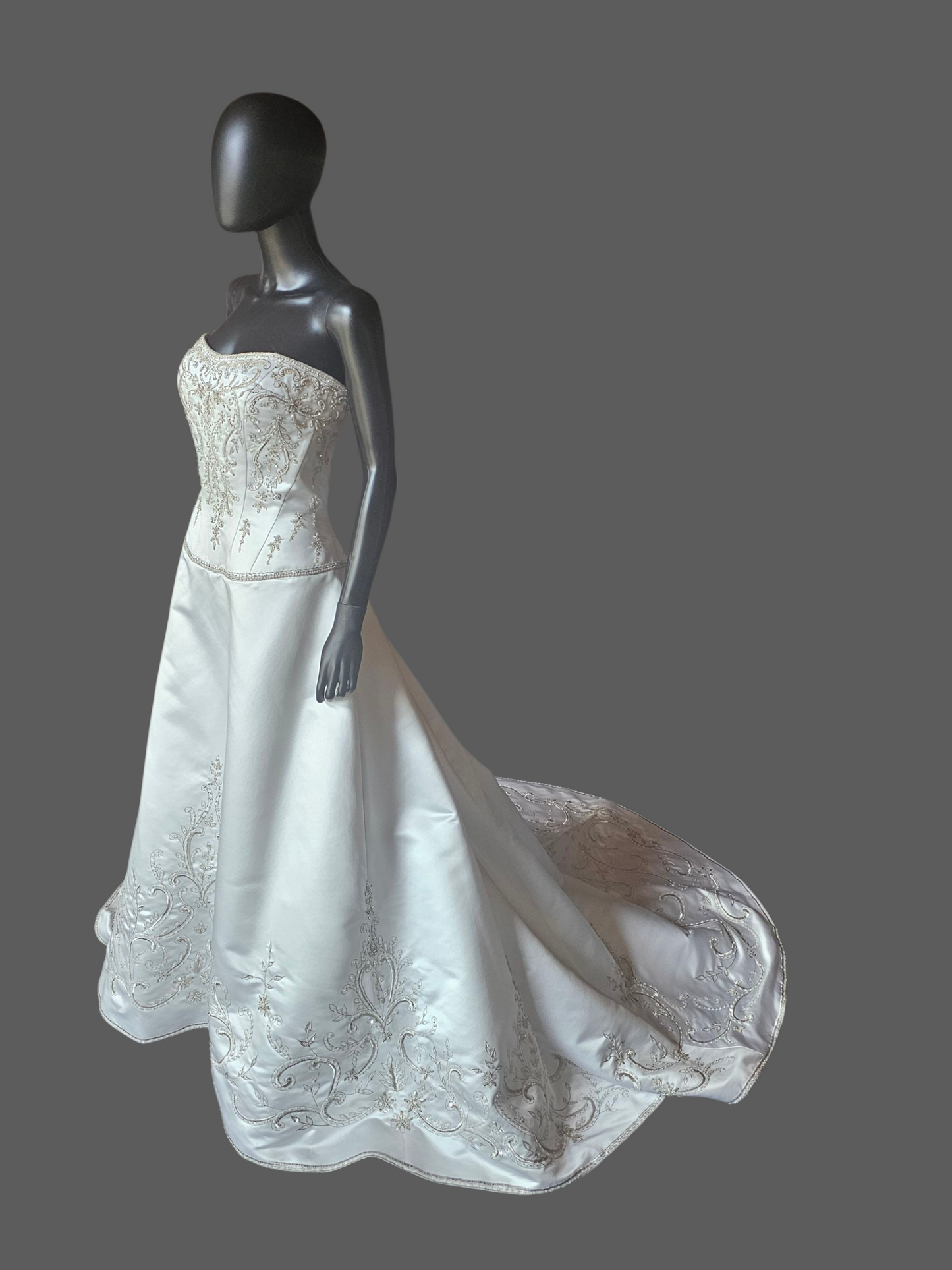 White Satin Drop Waist A-Line Wedding Gown  - Casablanca